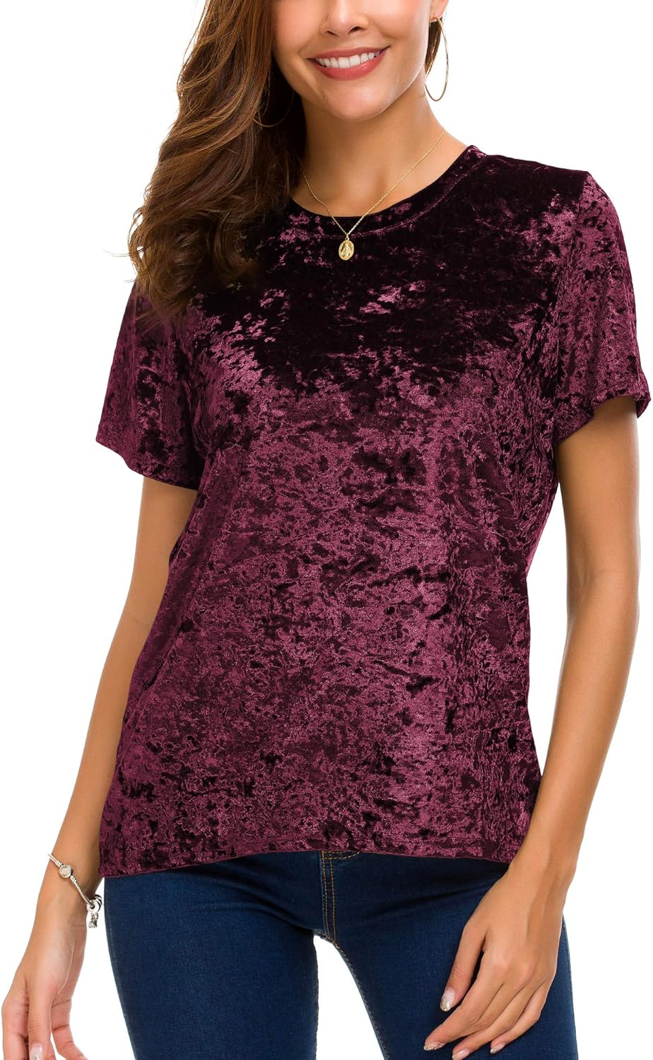 Women's Crew Neck Velvet Top Short Sleeve T-Shirt - Image 3