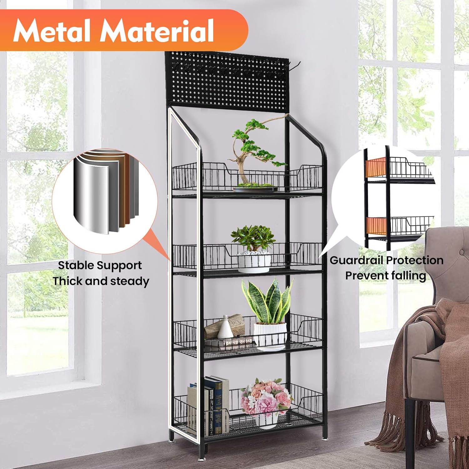 4 Tier Snack Rack Display Stand, Metal Wire Retail Display Racks with Hole Plate and Hooks, 19.6" X 10.6" X 55" Candy Cart for Living Room Supermarket Home Kitchen Office Store