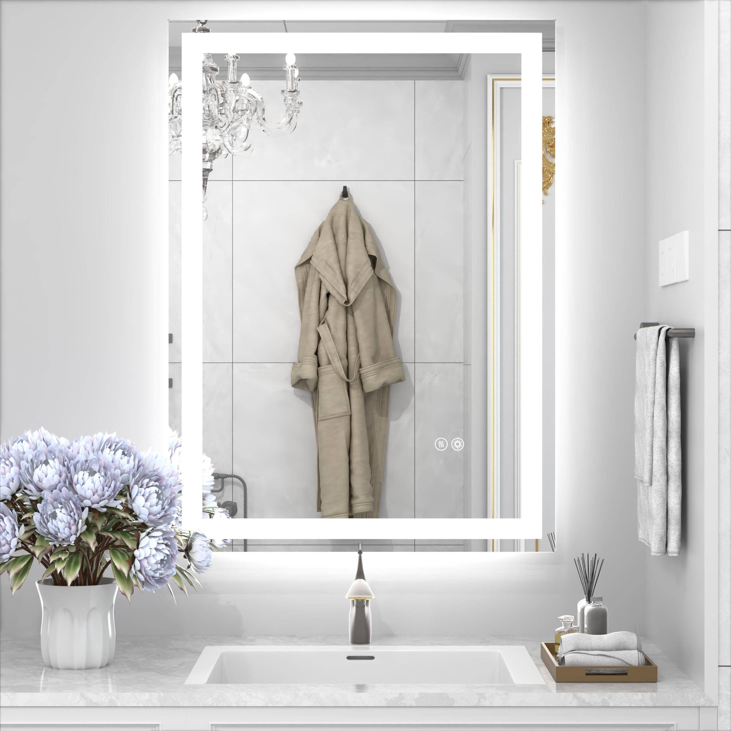 JSneijder Bathroom LED Mirror, 24x32 Inch Frontlit & Backlit Mirror, Bathroom Vanity Mirror with Lights, Stepless Dimmable, Wall Mount Anti-Fog Frameless Lighted Mirror(Horizontal/Vertical)