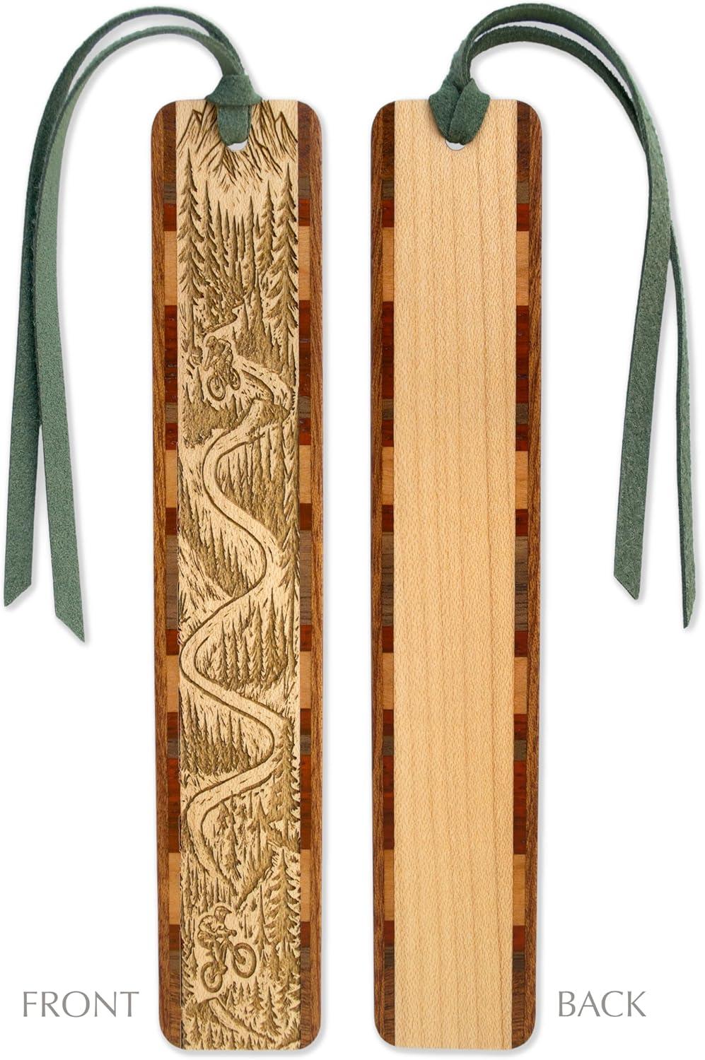 Personalized Mountain Biker Wood Bookmark – Laser Engraved Trail Design – Handmade in USA – Forest Adventure Gift for Cyclists