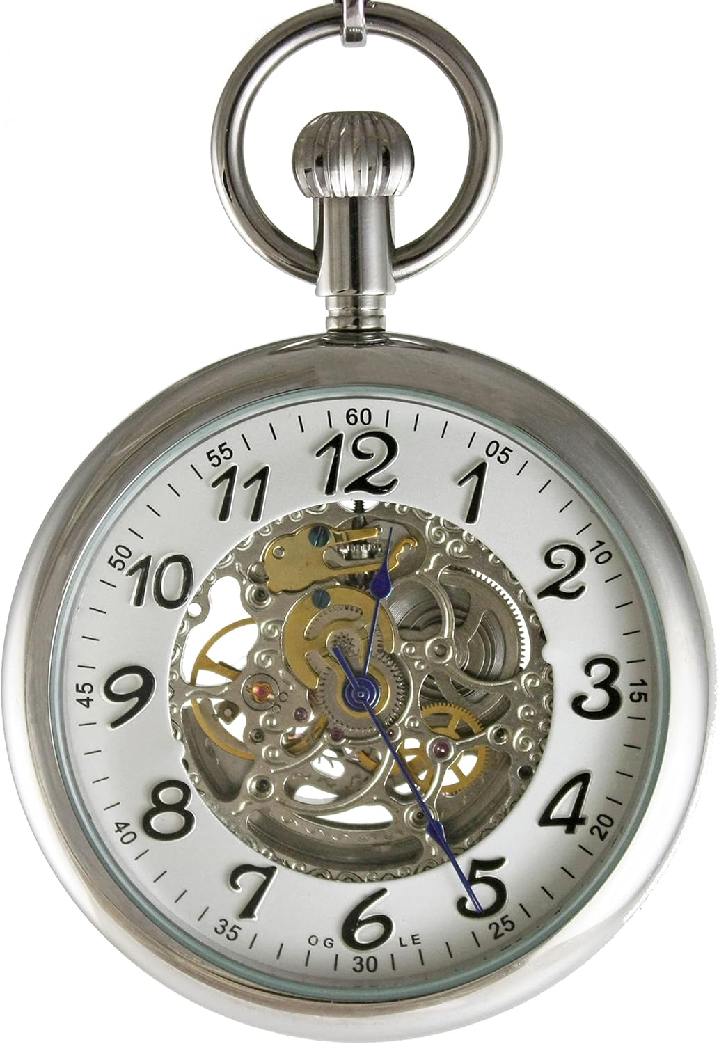 OGLE 3ATM Waterproof Vintage Stainless Steel Large Face Fob Self Winding Automatic Skeleton Mechanical Pocket Watch Chain Box