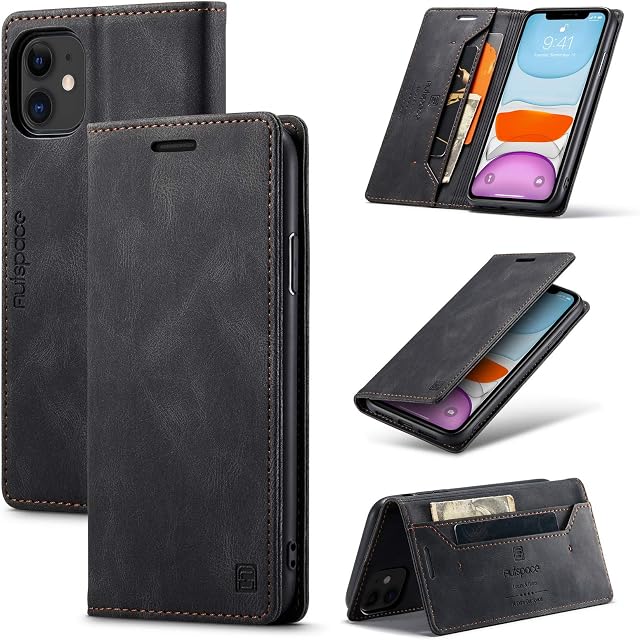 TOHULLE for iPhone 11 Case, Vintage Wallet Case Card Holder Kickstand Built-in Magnetic Flip Folio Leather Case for iPhone 11 - Black