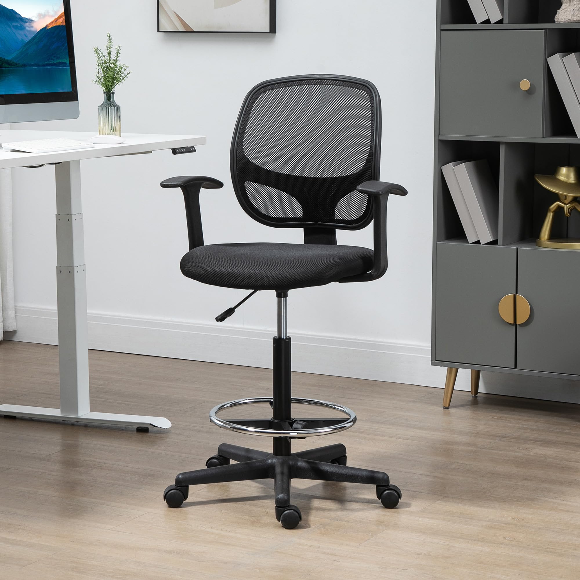 Vinsetto Sedia Ufficio ad Altezza Regolabile con Poggiapiedi Nero | Sedia Ergonomica, Ruote Girevoli, Braccioli, Seduta Imbottita in Gommapiuma, 64x57x110-132cm