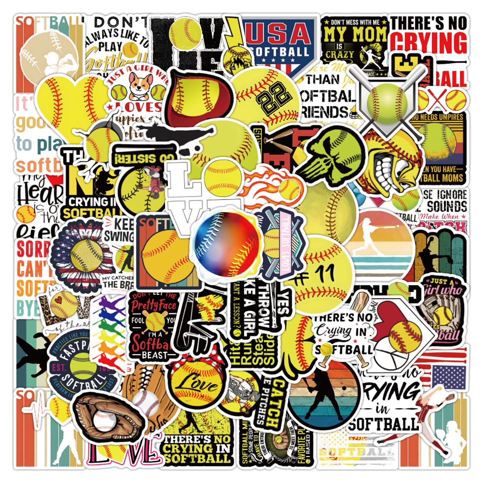 Softball Stickers 100PCS, Cute Softball Decals Waterproof Vinyl for Water Bottles,Softball Sticker for Luggage, Teaching Incentives, Softball Team