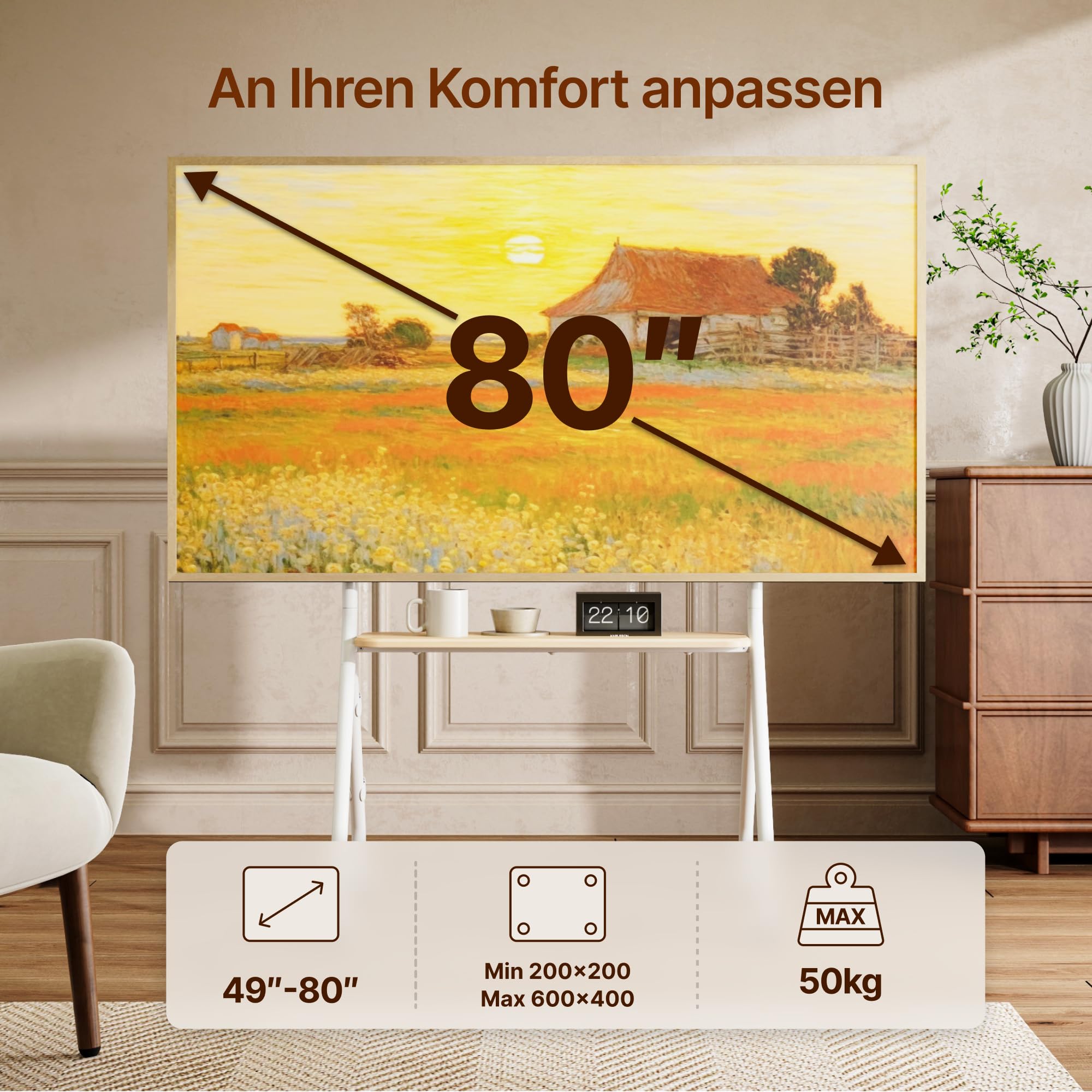 TV Ständer mit Rollen für 49-80 Zoll Fernseher bis 50 kg, Weiß | Höhenverstellbar und Schwenkbar Staffelei, Mobiler TV-Wagen mit Holztablett, Max.VESA 600*400MM, für Büro, Schule und Heim