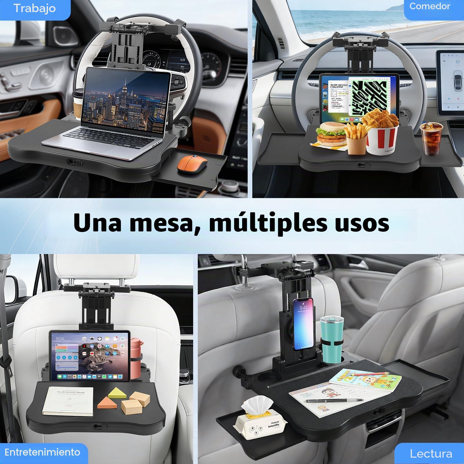 Mesa de Coche para Asiento Trasero de copiloto, Escritorio con Soporte para Bebidas y Soporte para teléfono móvil, Mesa de Comedor Multifuncional para Viajes en Coche, para Trabajar, Escribir