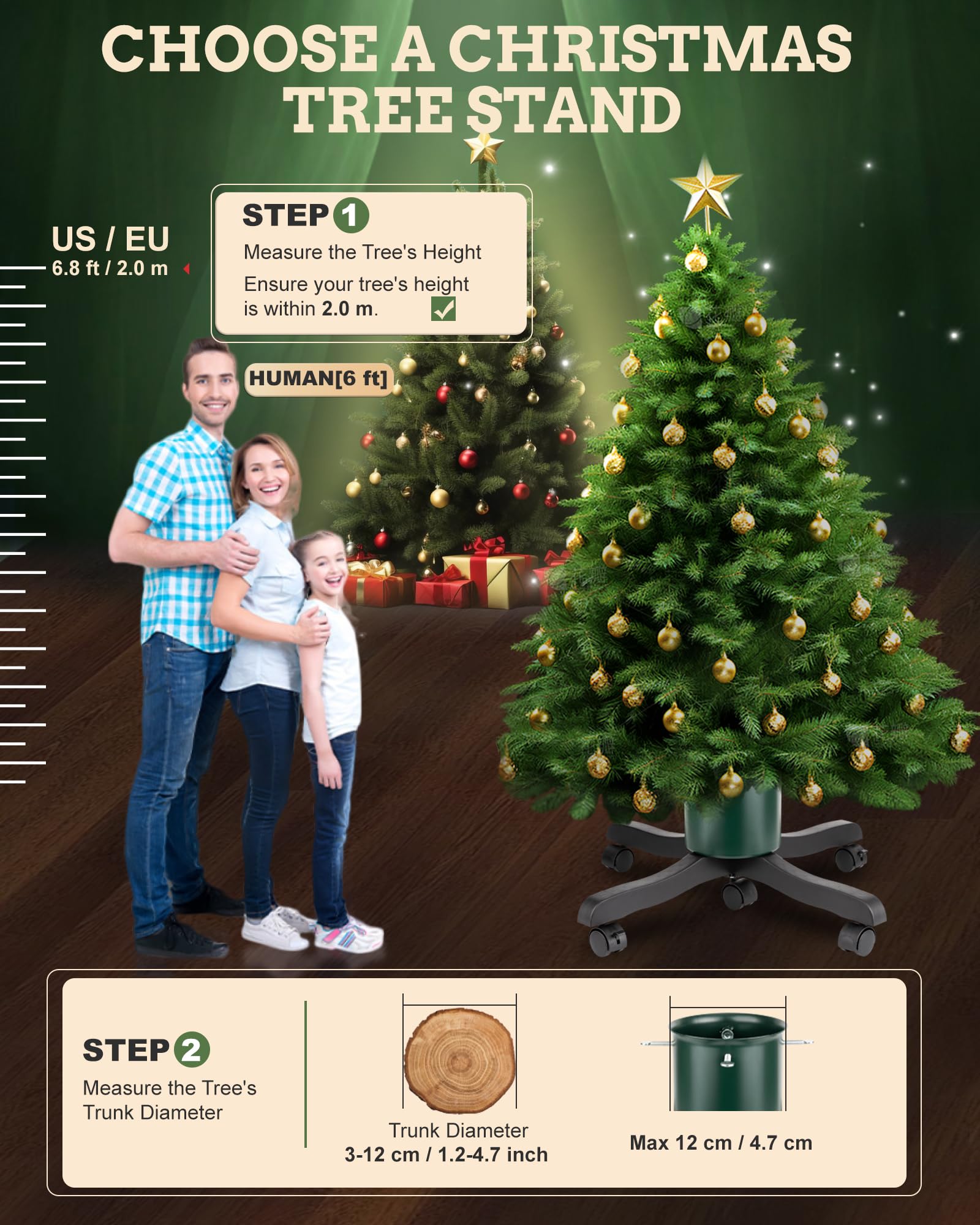 Pied de Sapin de Noel: Support Pied Sapin de Noël avec réserve d'eau, Pied de Sapin avec roulettes Metal pour Arbres jusqu'à 2 m de Tronc 3 à 12 cm - Christmas Tree Stand Goodjob Vert