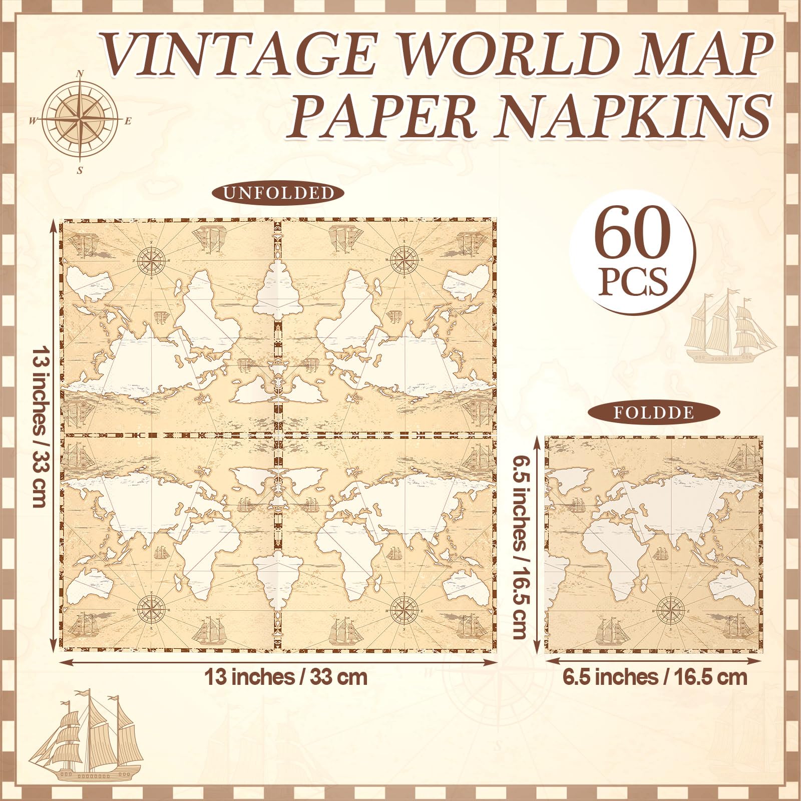 Janlaugh 60 Pcs Vintage World Map Paper Napkins Retro Disposable Cocktail Napkins for Decoupage Birthday Wedding Bridal Shower Travel Theme Party(6.5 x 6.5 Inch)