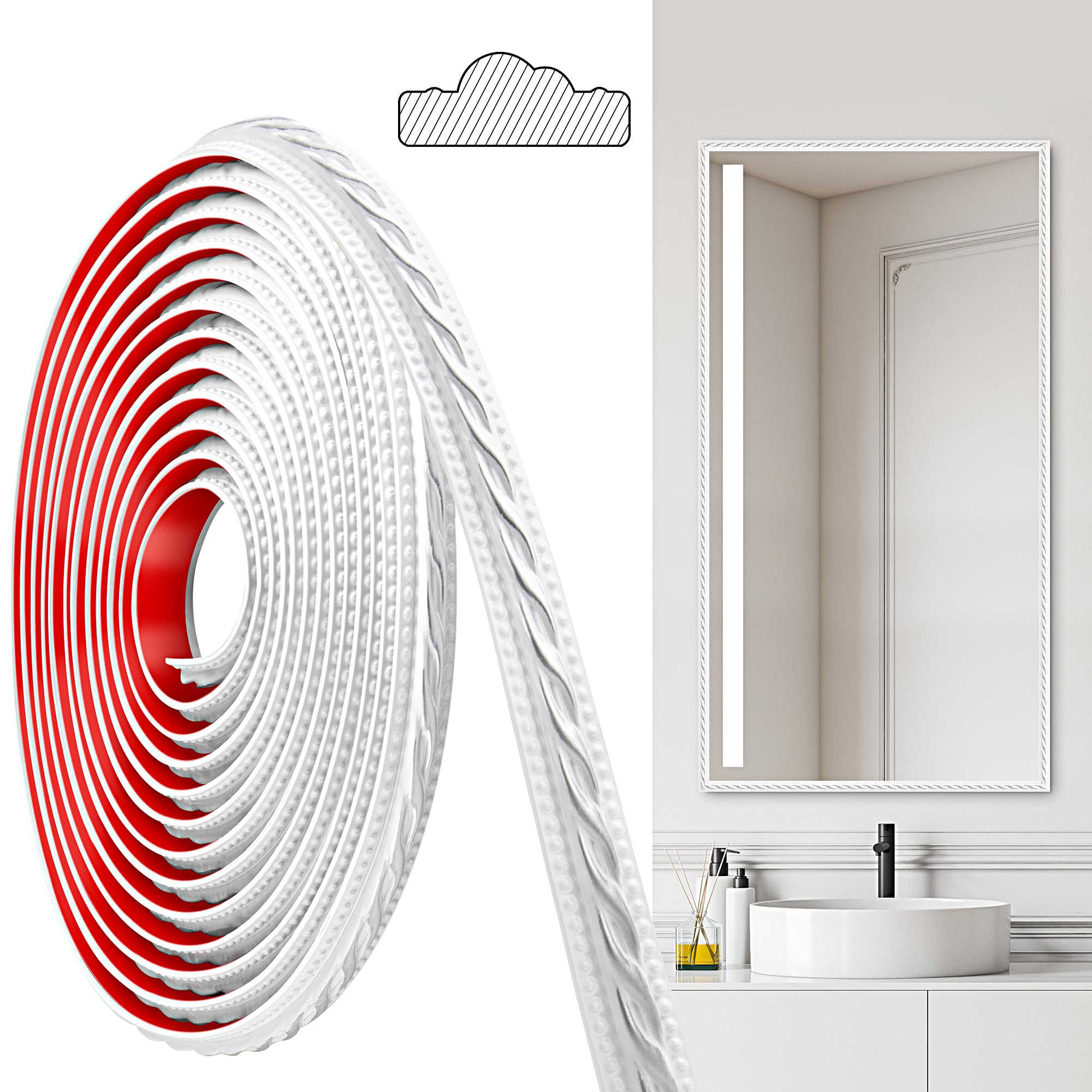 Junart White Silver(600Cm×2Cm) Pvc Moldings Trim, 600Cm×2Cm, Peel And Stick Self-Adhesive, Coving For Ceilings, Wall Moldings For Wall Edge, Mirror Frames, Ceiling, Skirting Boards, Cabinet(White Silver)