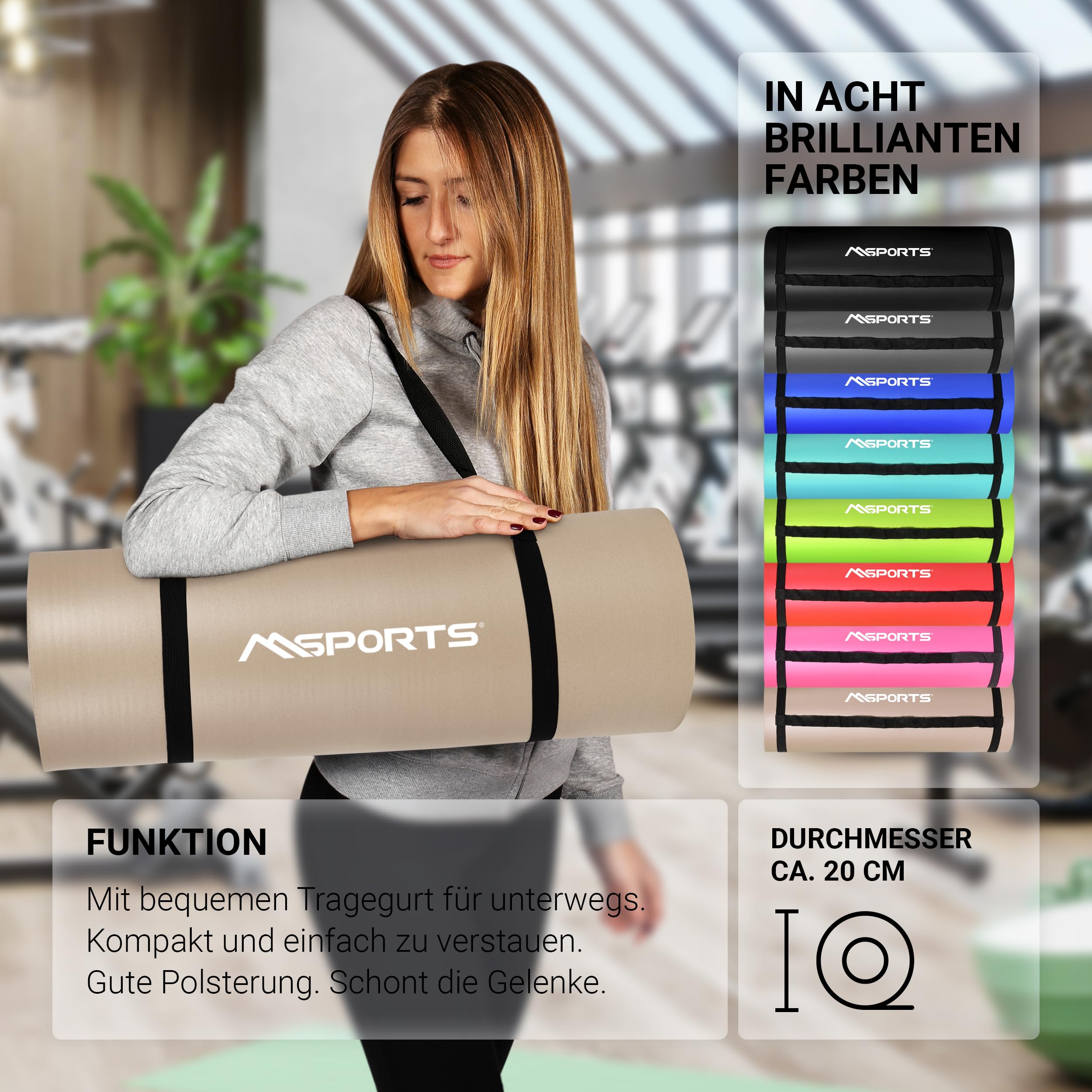 MSPORTS Esterilla de gimnasia Studio 183 x 61 x 1,0 o 1,5 cm, incluye póster de ejercicios y correas de transporte, respetuosa con la piel, sin ftalatos, muy suave