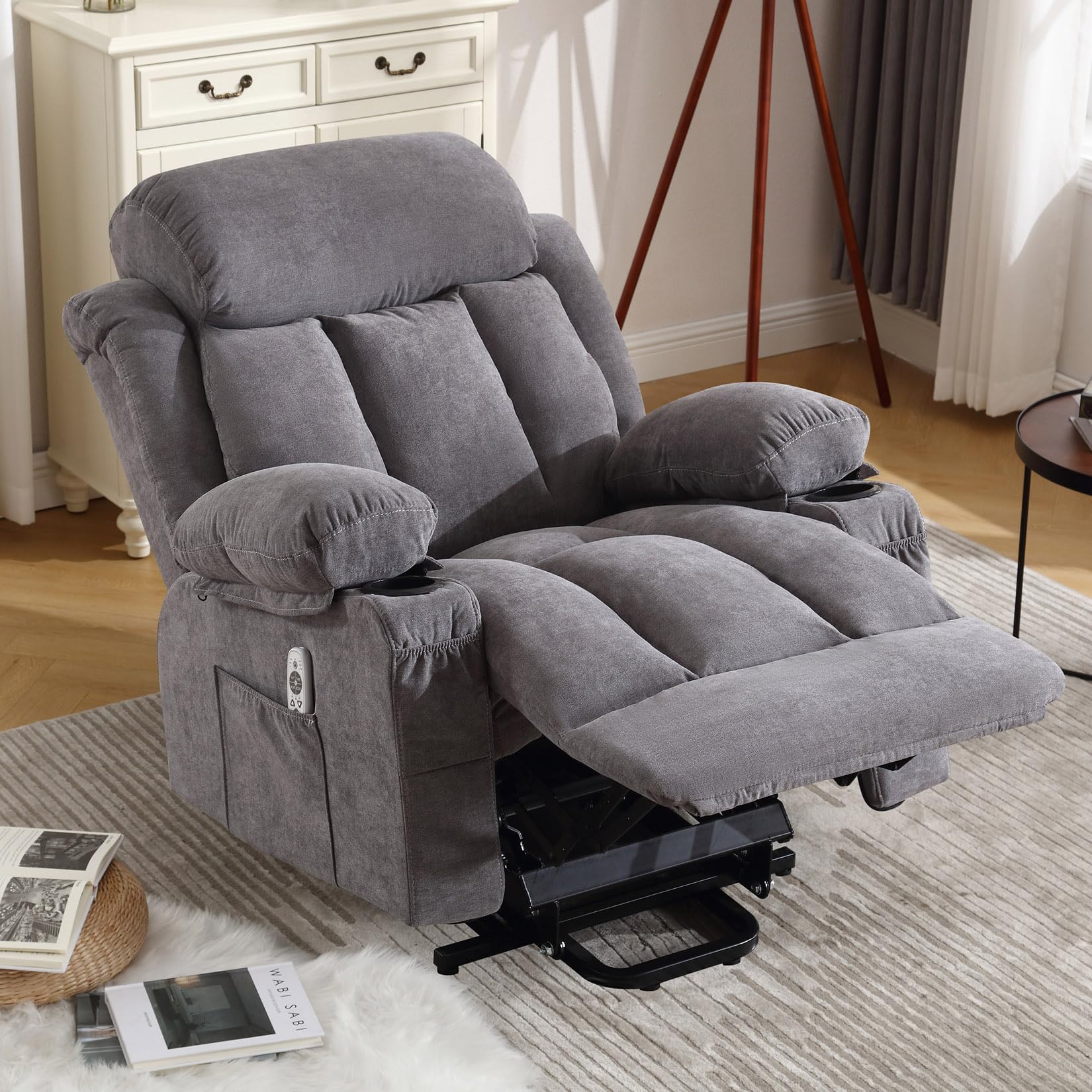 Condition photo showing New/Like New for electric power lift recliner chair for elderly with heat & massage, velvet home theater seat living room reclining ergonomic lounge chair zero gravity chairs for adults hold up to 330lbs, grey