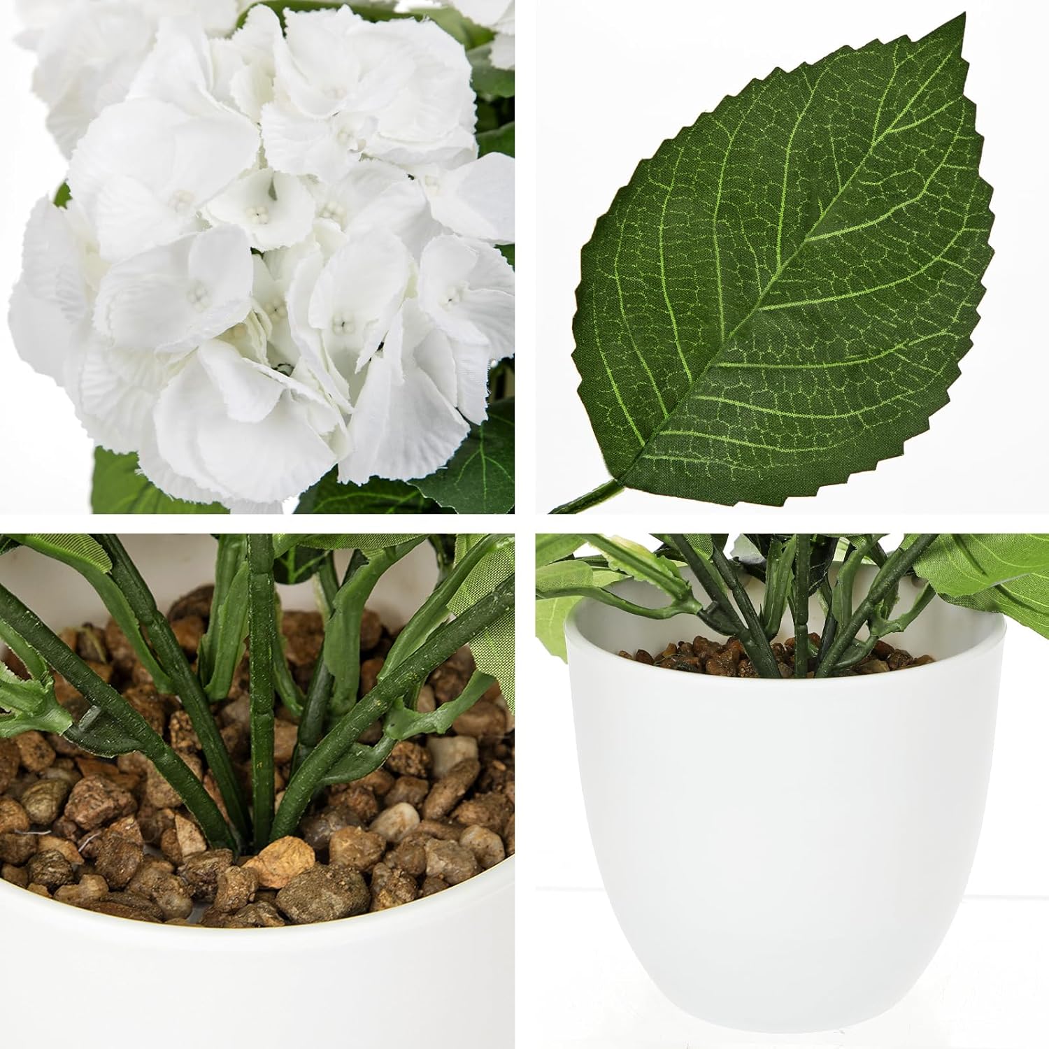 13" Artificial Hydrangea Flowers Plant in White Pot, Fake Hydrangeas Plants for Home Office Indoor Outdoor Decor, Faux Floral Arrangement for Bathroom, Shelf, Desk & Kitchen Table Centerpiece, White