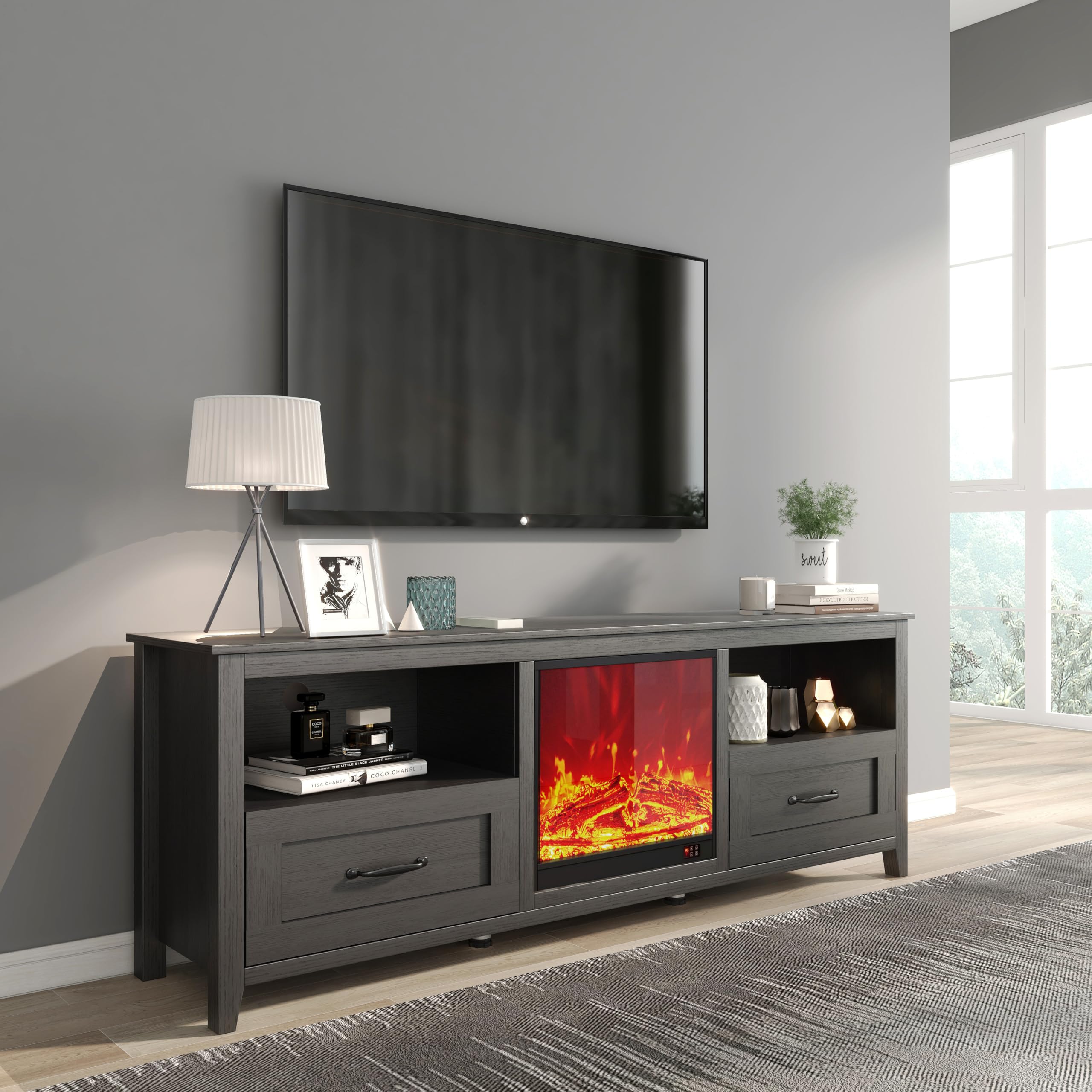 70.08-Inch Black TV Stand with 2 Drawers & 4 High-Capacity Storage Compartments – Ideal for Living Room, Bedroom & Fireplace Setup