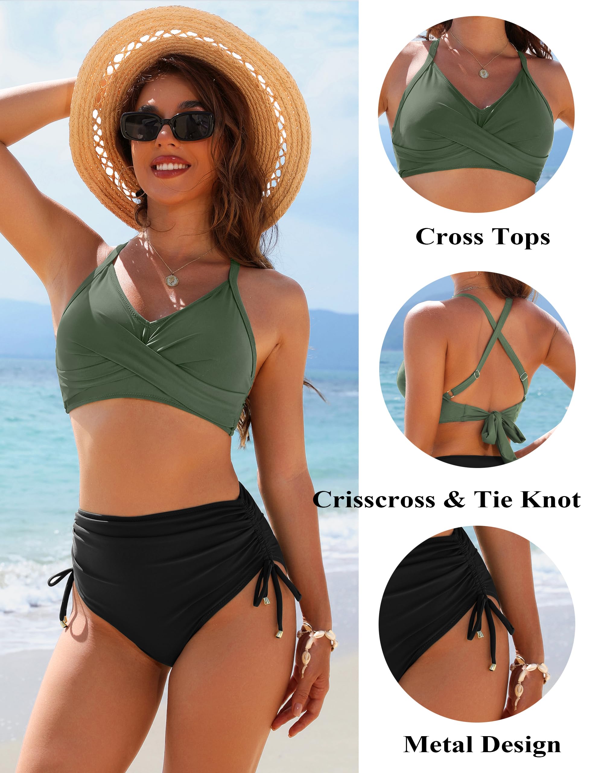 Blooming Jelly Womens High Waisted Bikini Sets Drawstring Tummy Control Swimsuits Crisscross Tie Back Bathing Suit