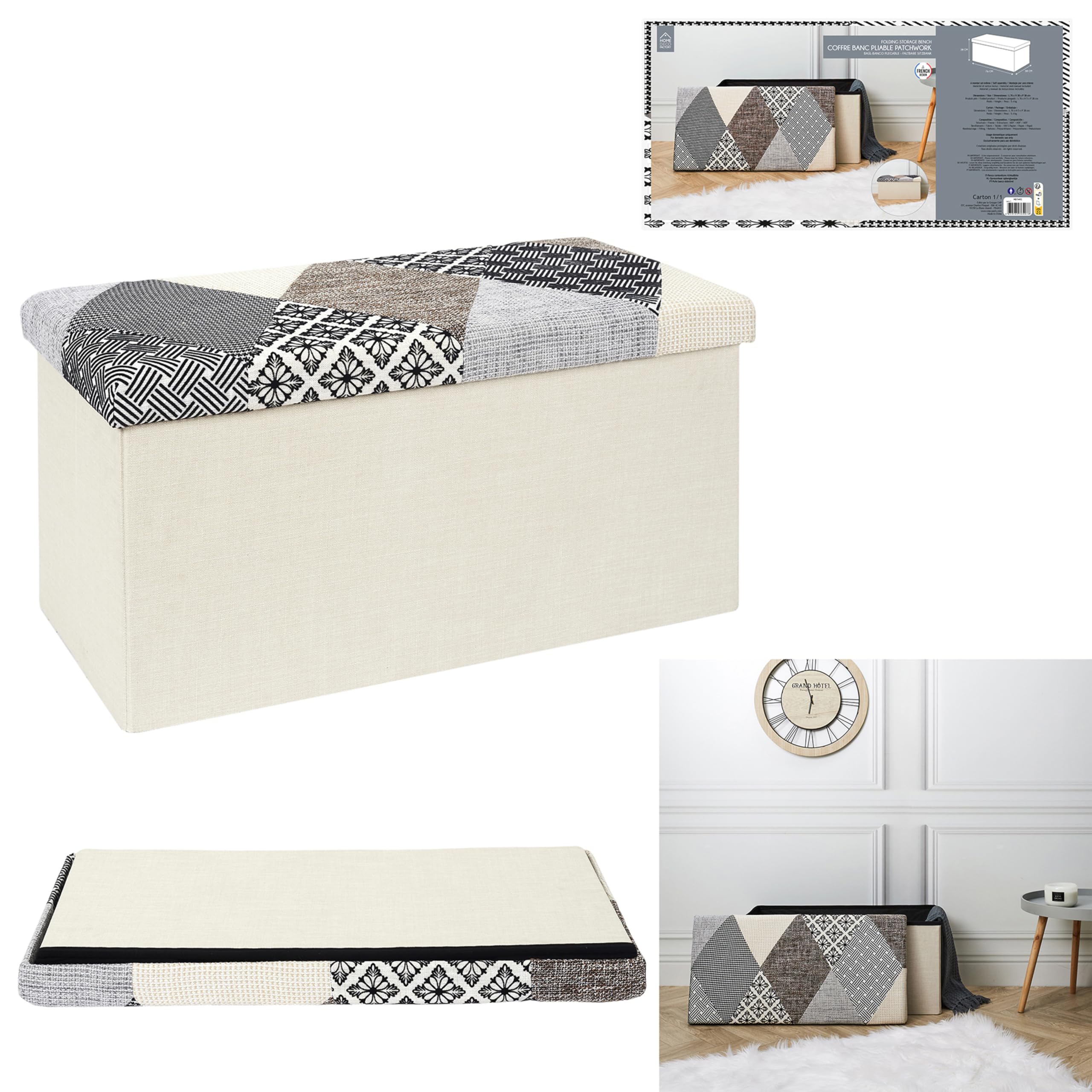 HOME DECO FACTORY Chest, Bench, Patchwork, Grey, Bench, Foldable, for Living Room, Bedroom, Dining Room, Multicoloured, 76 x 38 x 38 cm