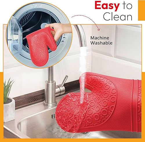 Miniatura 6 de Juego de guantes de horno de silicona, guantes de horno extralargos resistentes al calor con acolchado de algodón, guantes de cocina para cocinar,