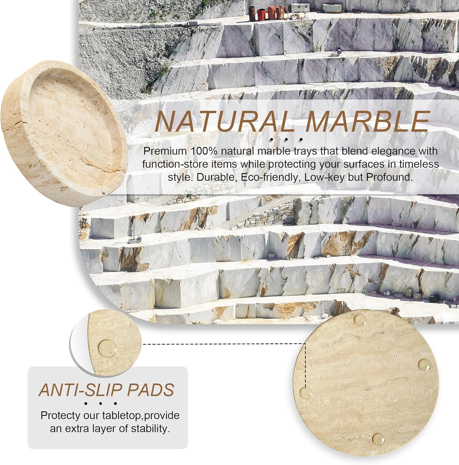 Natural Marble Tray, Round Travertine Tray for Bedroom/Bathroom/Kitchen/Vanity Countertop, Jewelry Tray for Rings Earrings Necklace Bracelet Watch, Room Decor Aesthetic