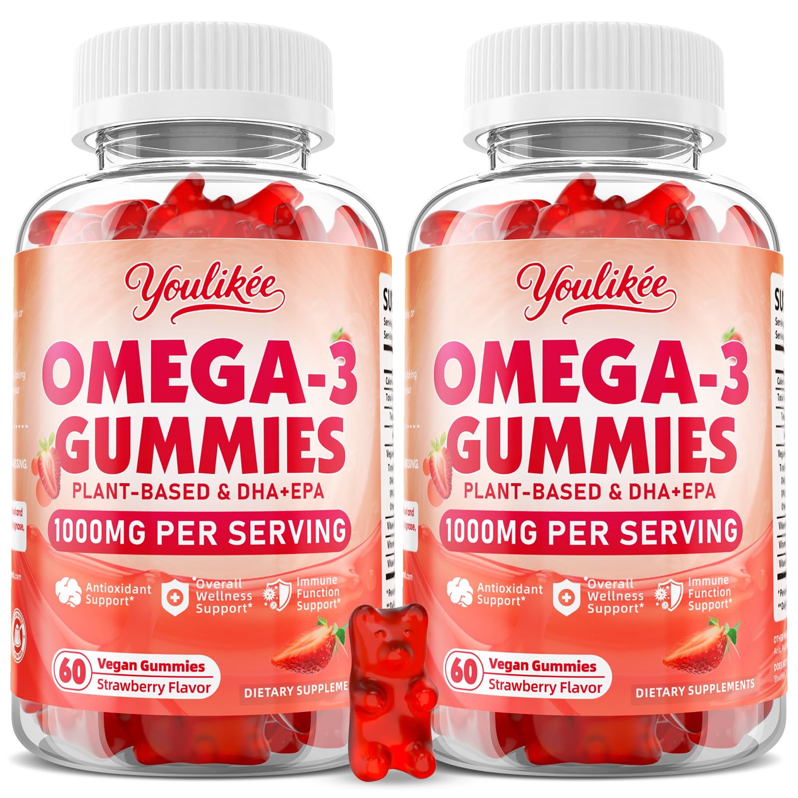 Omega-3 Gummies 1000mg, Plant Based DHA & EPA w/Vitamin A, C, E, 120 Ct 60 Count (Pack of 2)