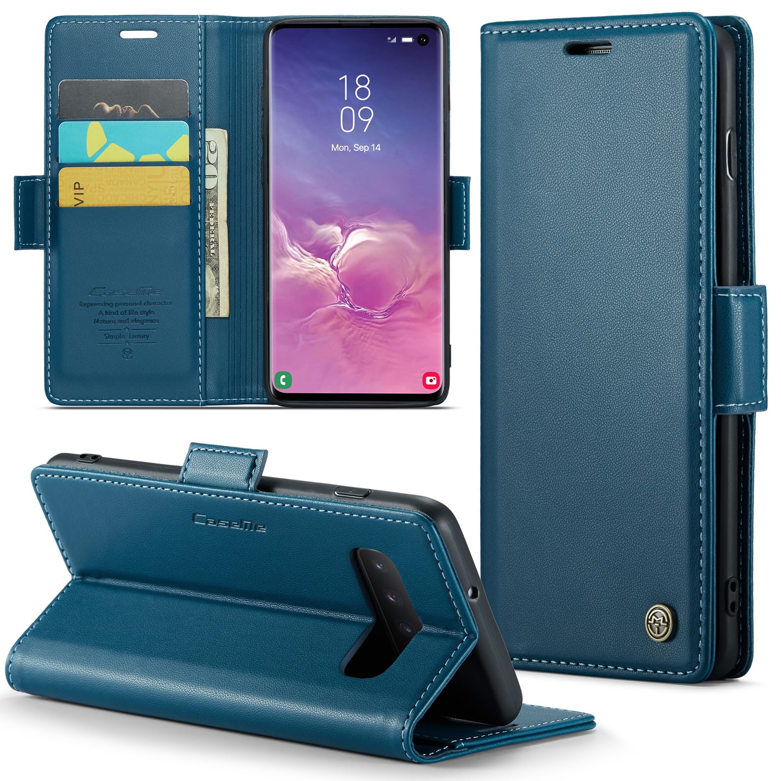 Rerzoiro Case for Samsung Galaxy S10 Wallet Case, RFID Blocking PU Leather Flip Folio Cover Card Holder Kickstand Shockproof Phone Case Compatible with Samsung Galaxy S10, Blue