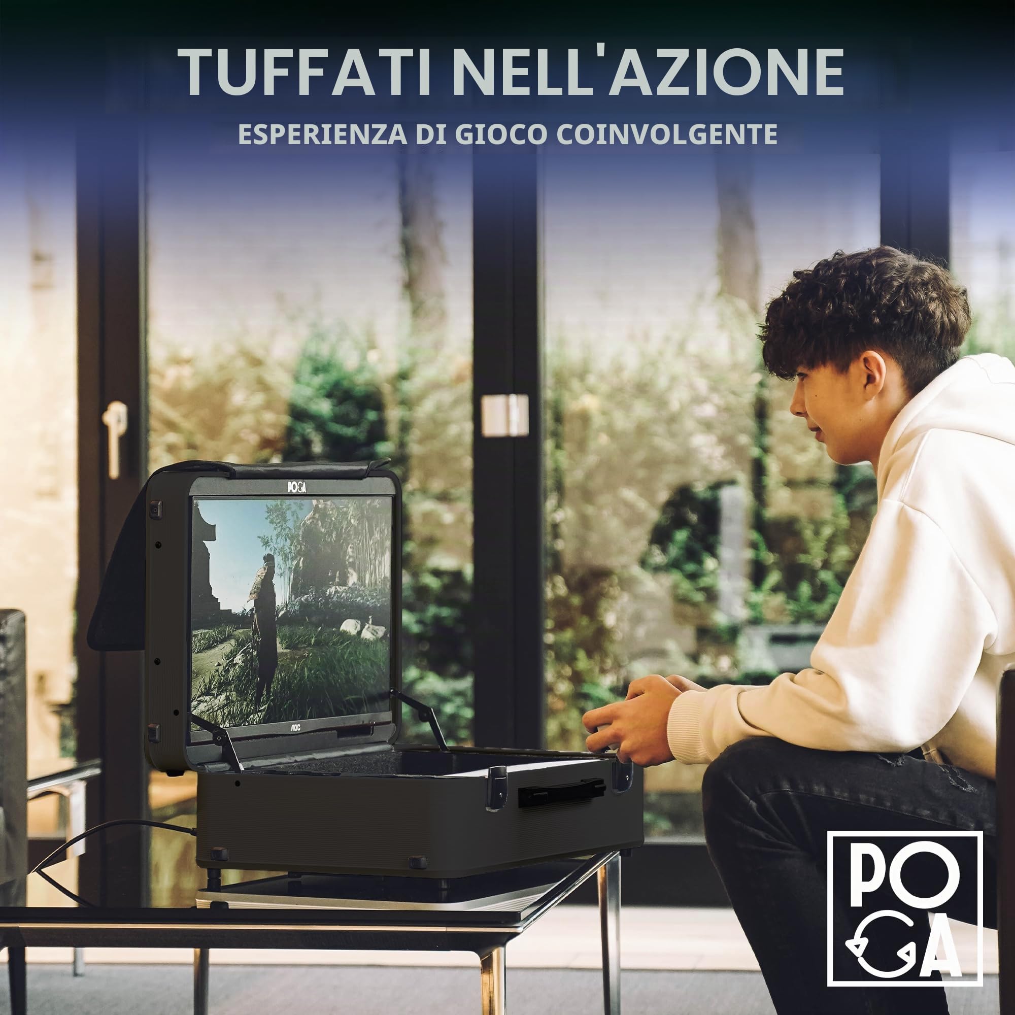 POGA Lux Black - Custodia da gioco (compatibile con PlayStation 5), valigia da viaggio con monitor da gioco AOC da 24'' e carrello - Nero
