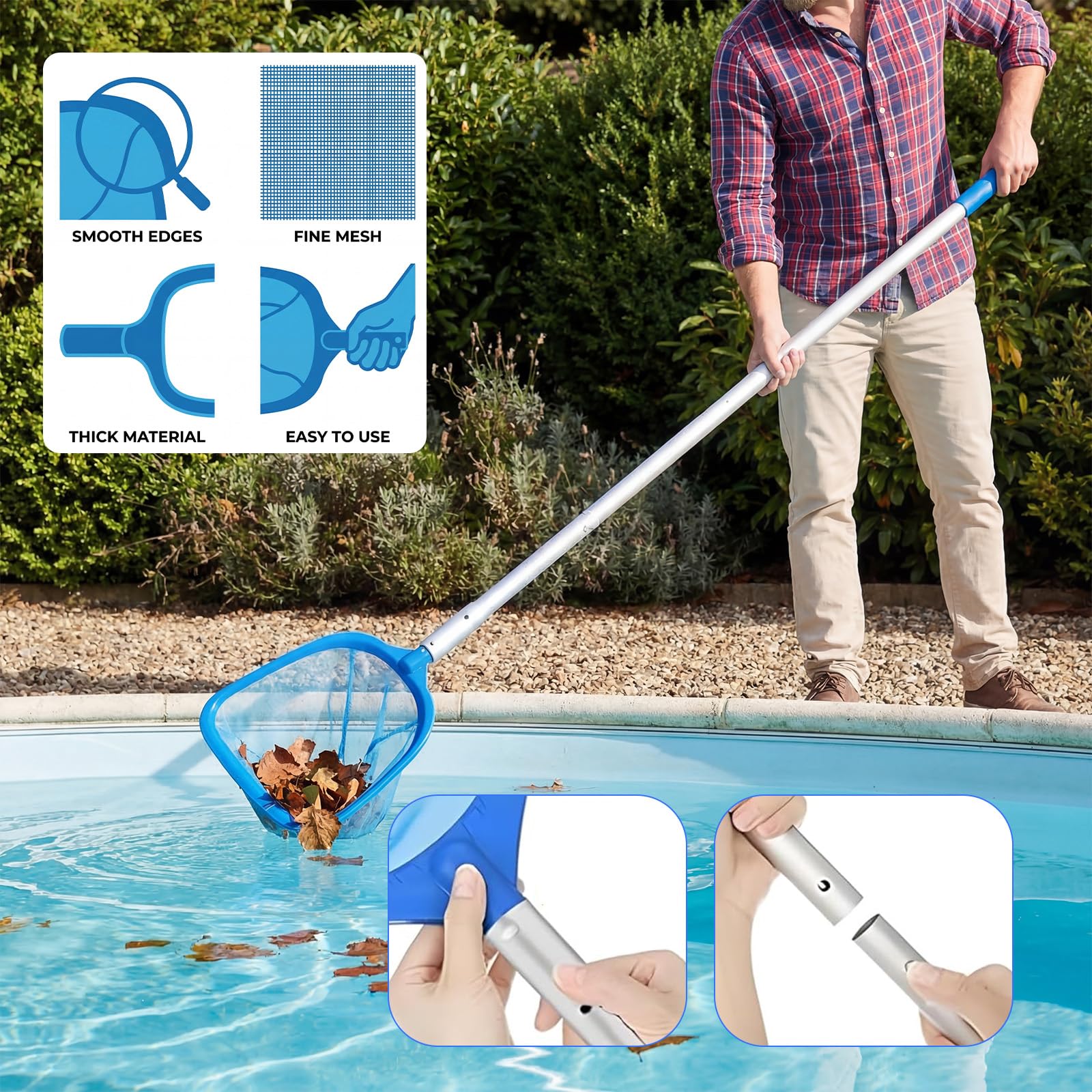 Pool Netz Poolkescher mit Teleskopstange 146cm Lang, Poolbürste und Putztüche für Schwimmbad, Spas, Teich, Whirlpools, Planschbecken