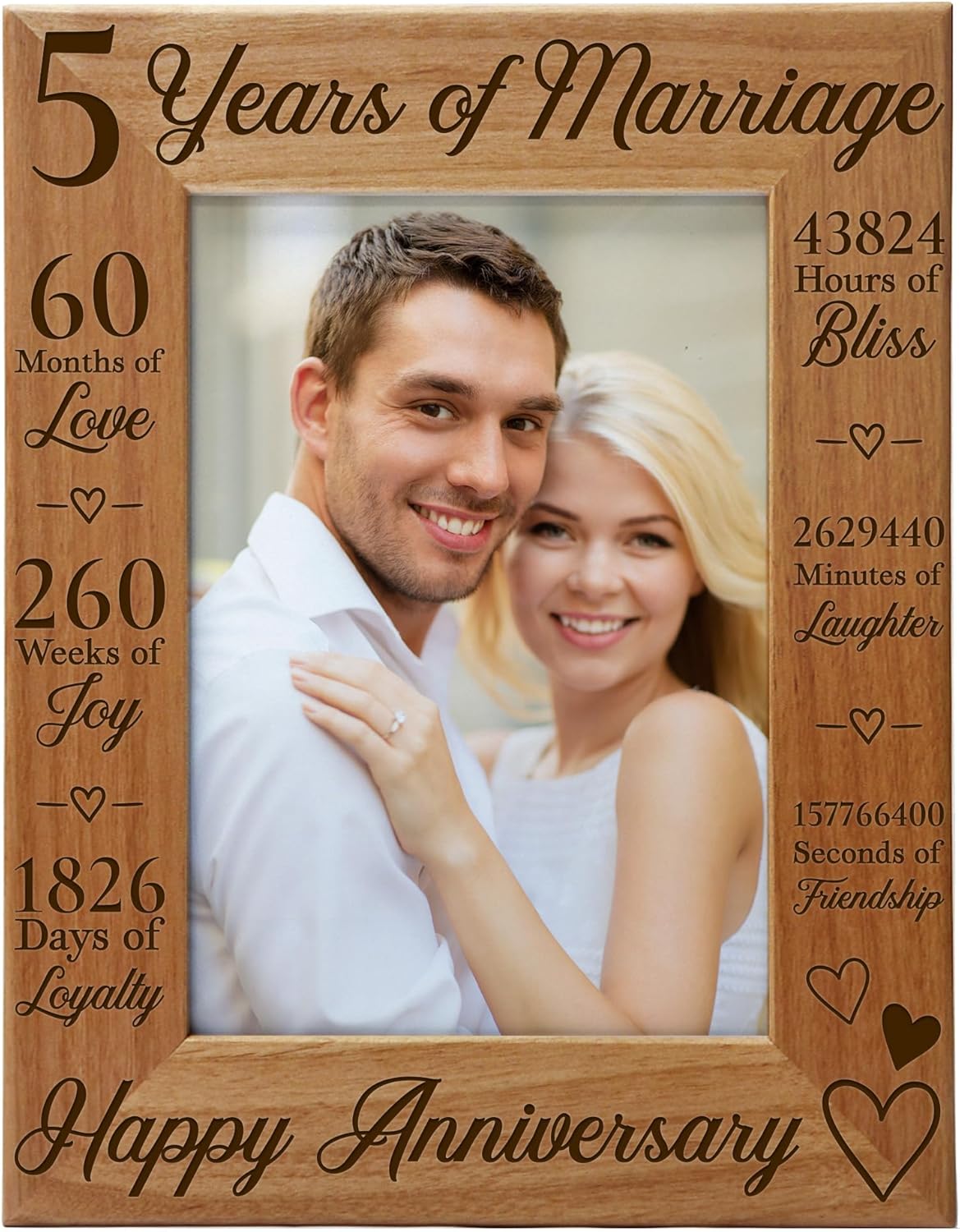 CEDAR CRATE MARKET 5th Wedding Anniversary Picture Frame - 5 Year Anniversary, 5 Years of Marriage, Engraved Wood Photo Frame Fits a 5x7 Vertical Portrait, Tabletop or Hanging Wedding Frame