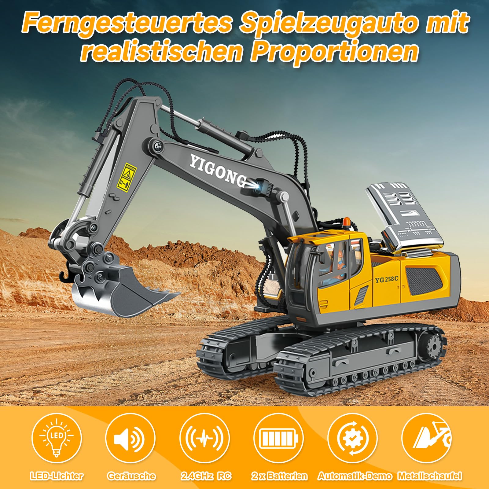 Snovire Remote Control Excavator Toy, RC Construction Digger toys with Light & Sound, 2.4 GHz, 1:24 Scale Miniature - Image 4