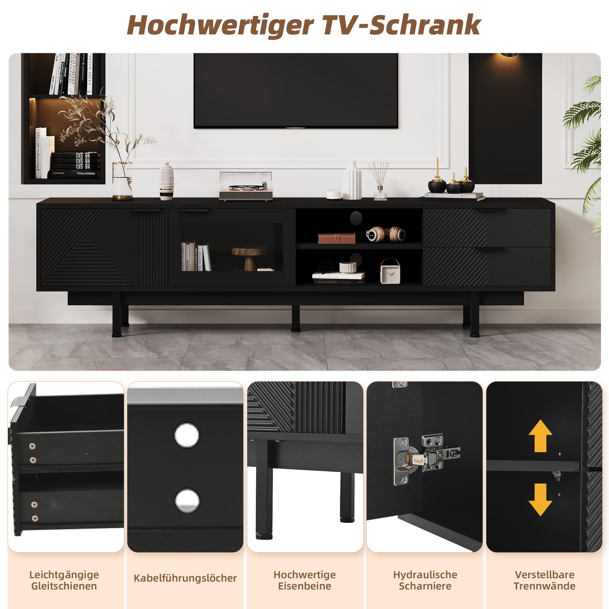 Mueble bajo para TV de 200 cm con 2 puertas y 2 cajones, elegante armario para TV de 80 pulgadas, para salón, mesa de TV, soporte de TV, color negro