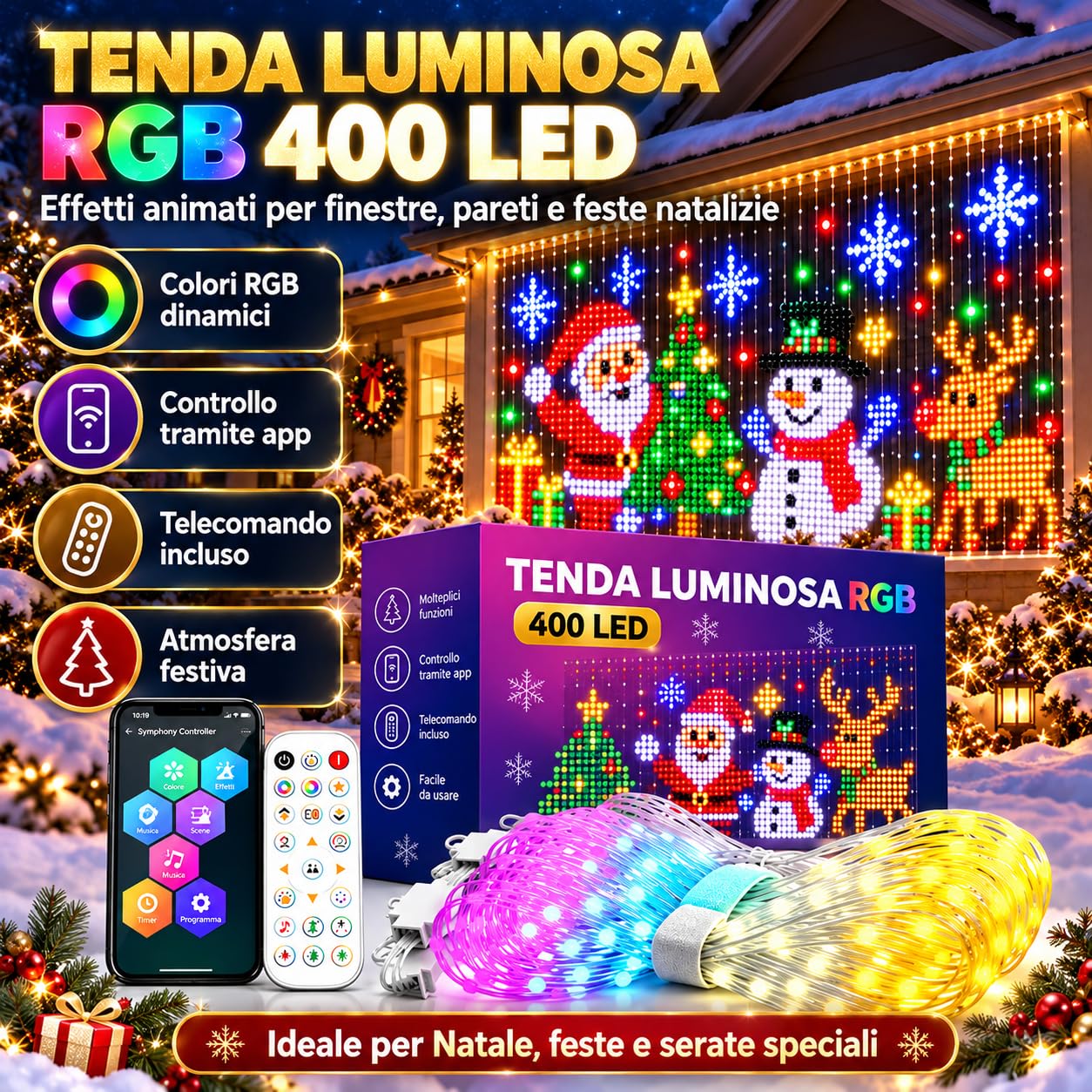 Tenda 400 RGB LED Natalizia Animata, Effetti RGB per Casa e Feste (3m*3m)