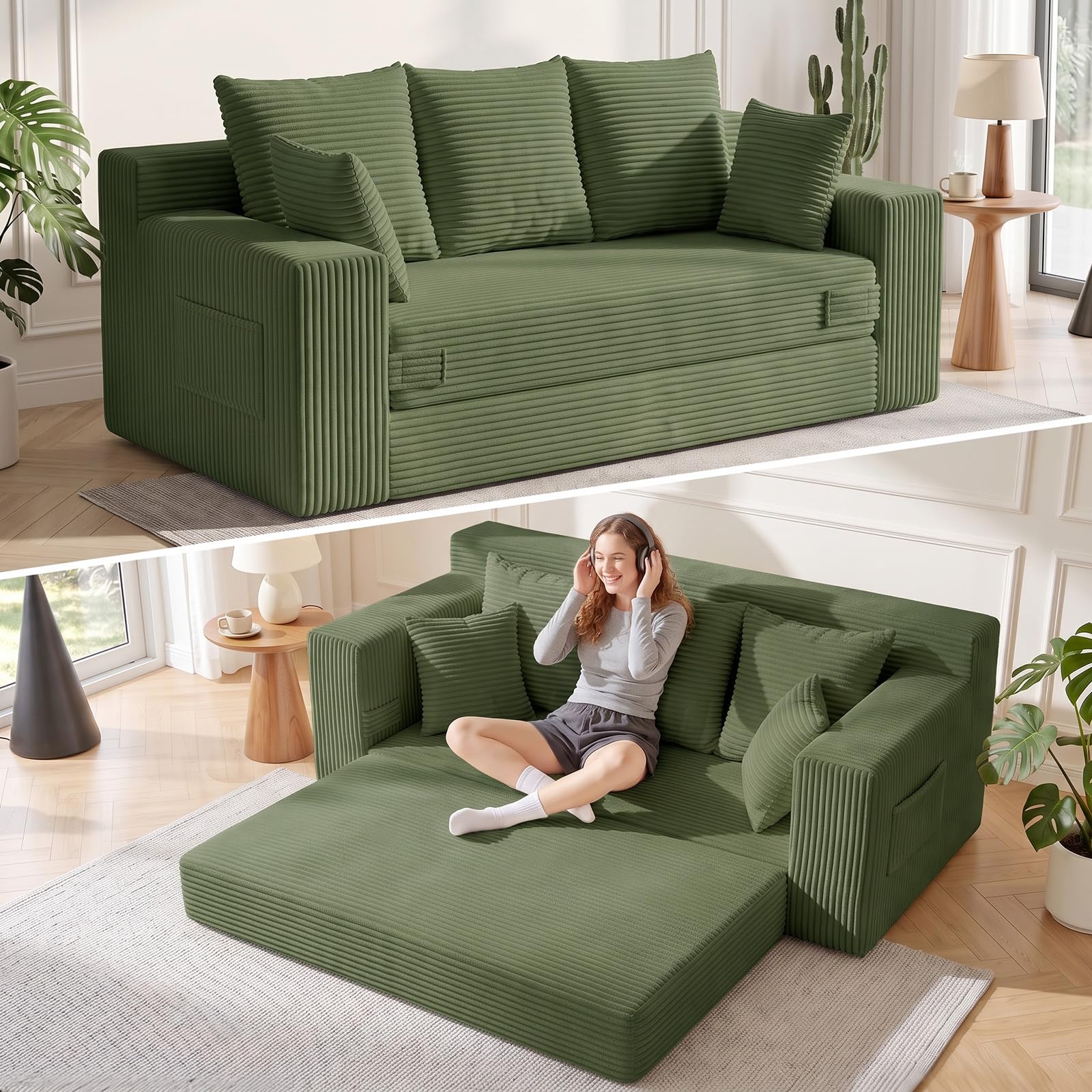 Photo 1 of sooyoo Boneless Couch for Living Room, 3 Seater Convertible Sofa Bed in A Box, Folding Pull Out Couch with Comfy Corduroy, Loveseat Sleeper Floor Sofa with 5 Pillows, No Assembly Required, Green