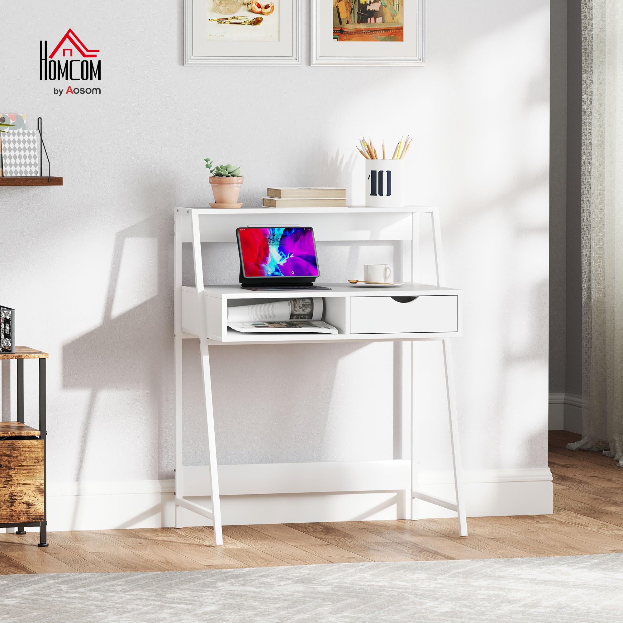 HOMCOM Sekretär-Schreibtisch, Computertisch, Retro-Stil, Schublade, Nische, Regal, Metall, Weiß