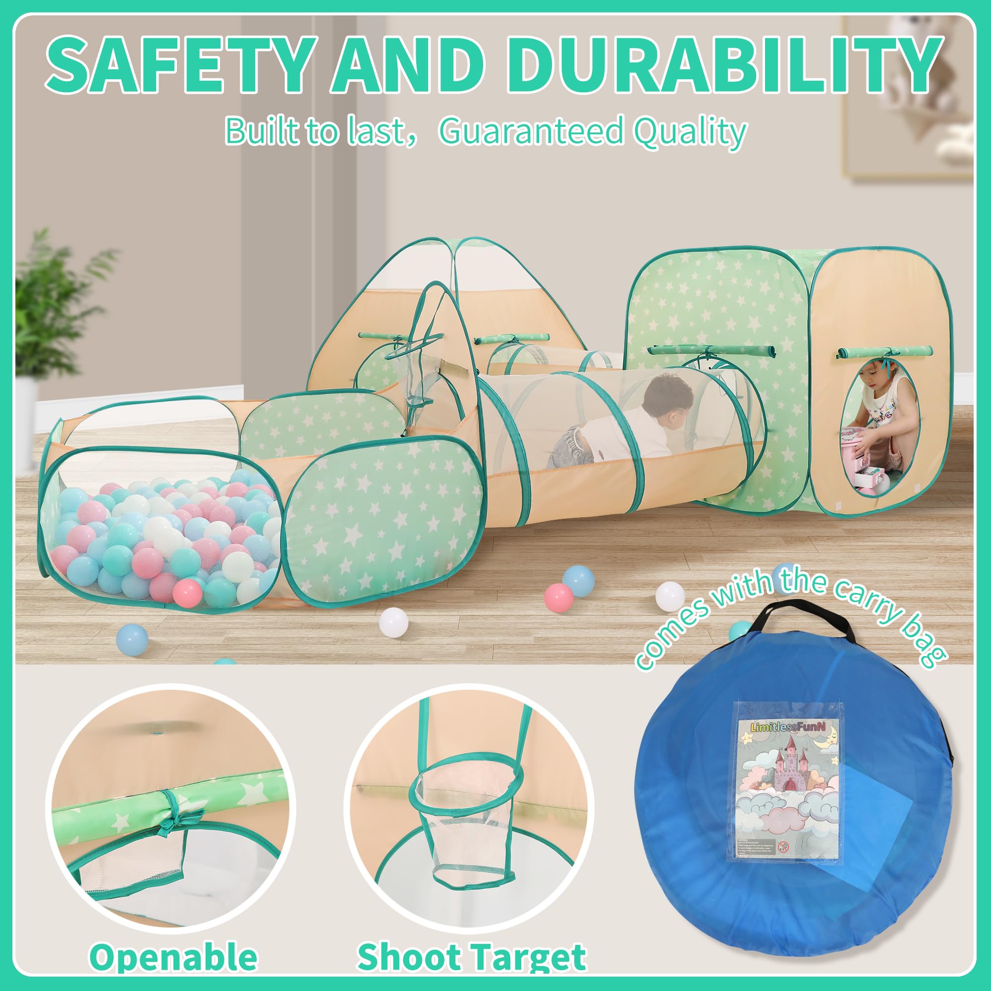 LimitlessFunN 5 in 1 Pop Up Kids Ball Pit Tents and Tunnels for Boys, Girls, Babies and Toddlers, Indoor/Outdoor Children Playhouse, Orange/Light Green - Image 6
