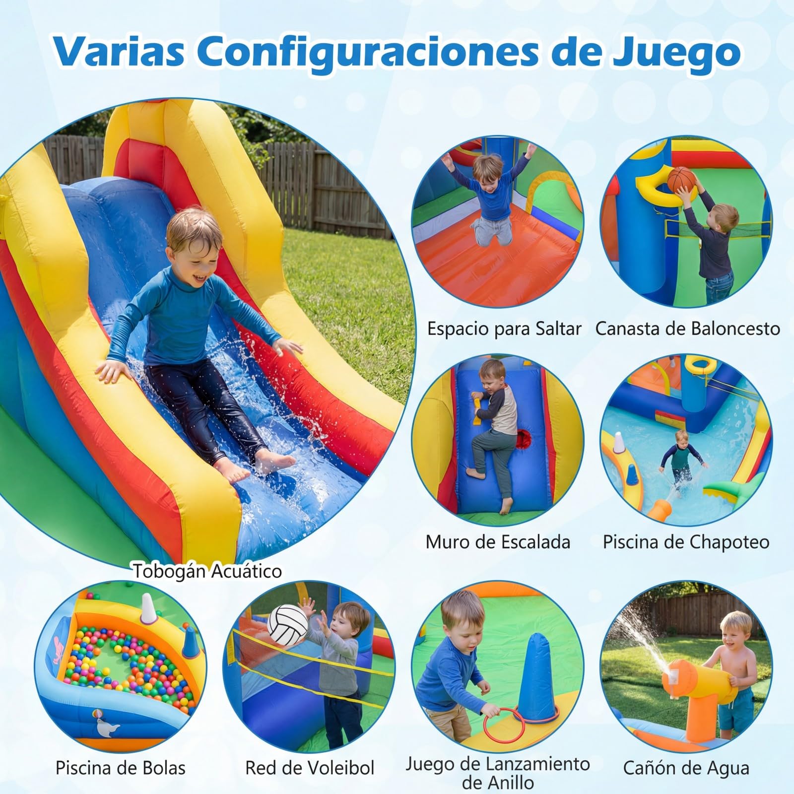 COSTWAY Castillo Hinchable, Parque Infantil con Temática de Playa con Muro de Escalar, Cañón de Agua, Pelotas Oceánicas, Fútbol, Baloncesto, Voleibol, Castillo Inflable al Aire Libre (sin soplador)