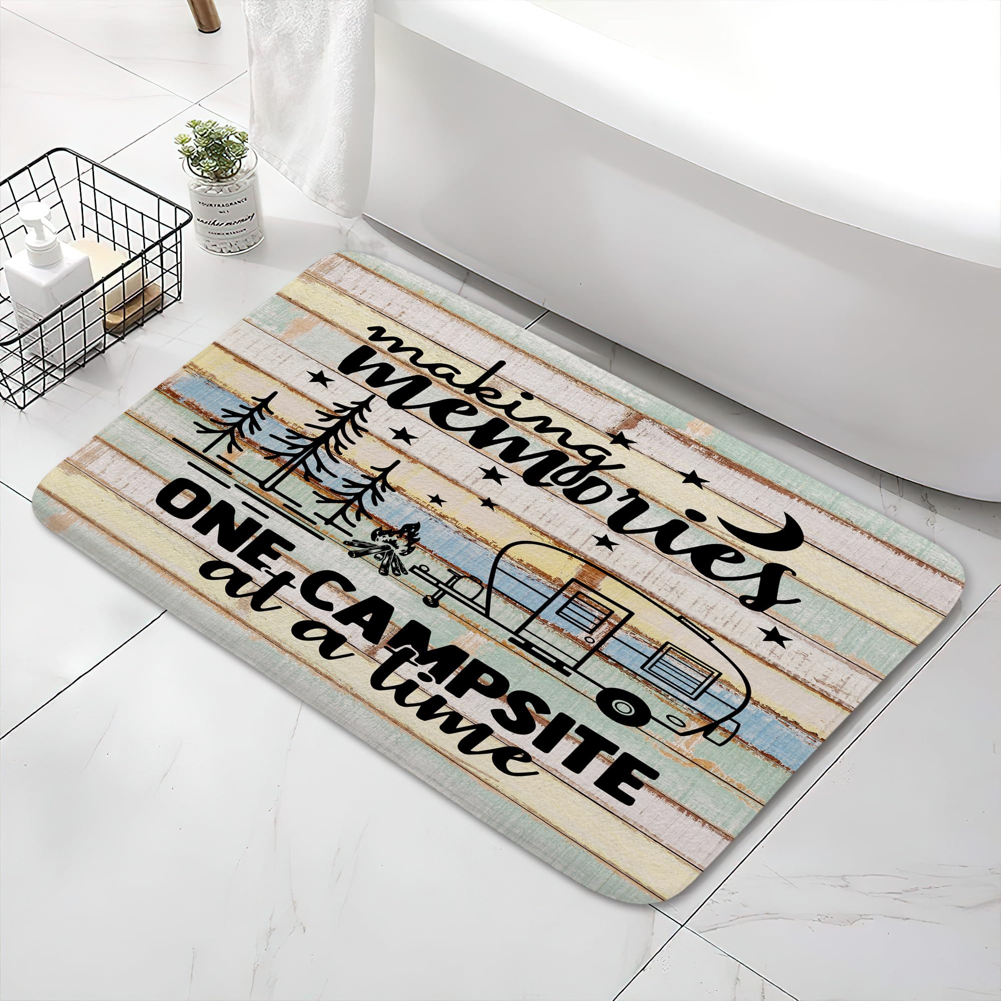 Happy Camper Bathroom Rugs, Rustic Cabin Wooden Farmhouse Bath Mat, Travel Trailers Camping Theme Non Slip Bathtub Rug Retro Rustic Wood Neutral Color
