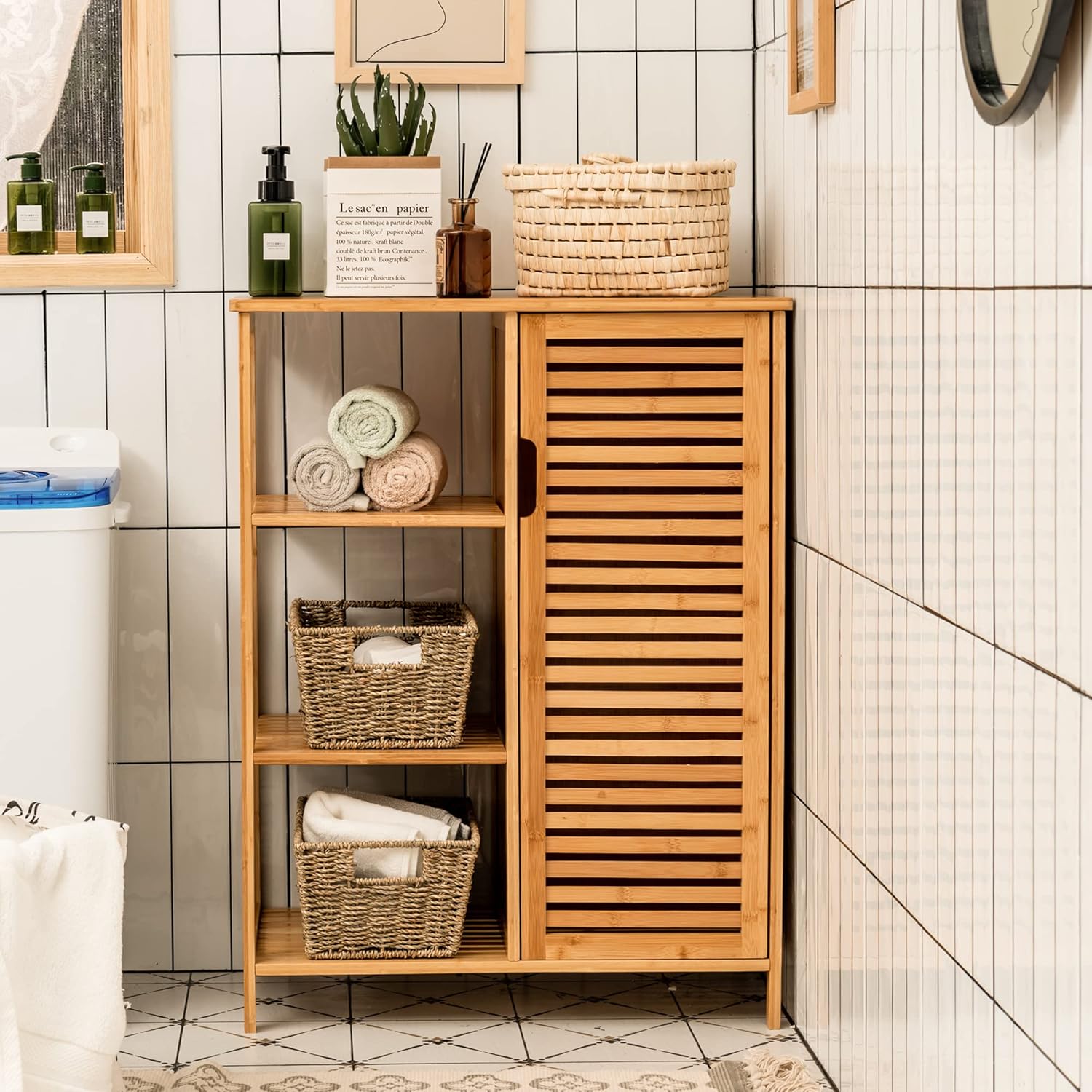LOKO Bamboo Cabinet, Bathroom Floor Storage Cabinet with Doors and Shelves, Multifunctional Storage Cabinet for Bathroom, Living Room, Kitchen, Dining Room or Entryway, 26 x 13 x 34.5 inches