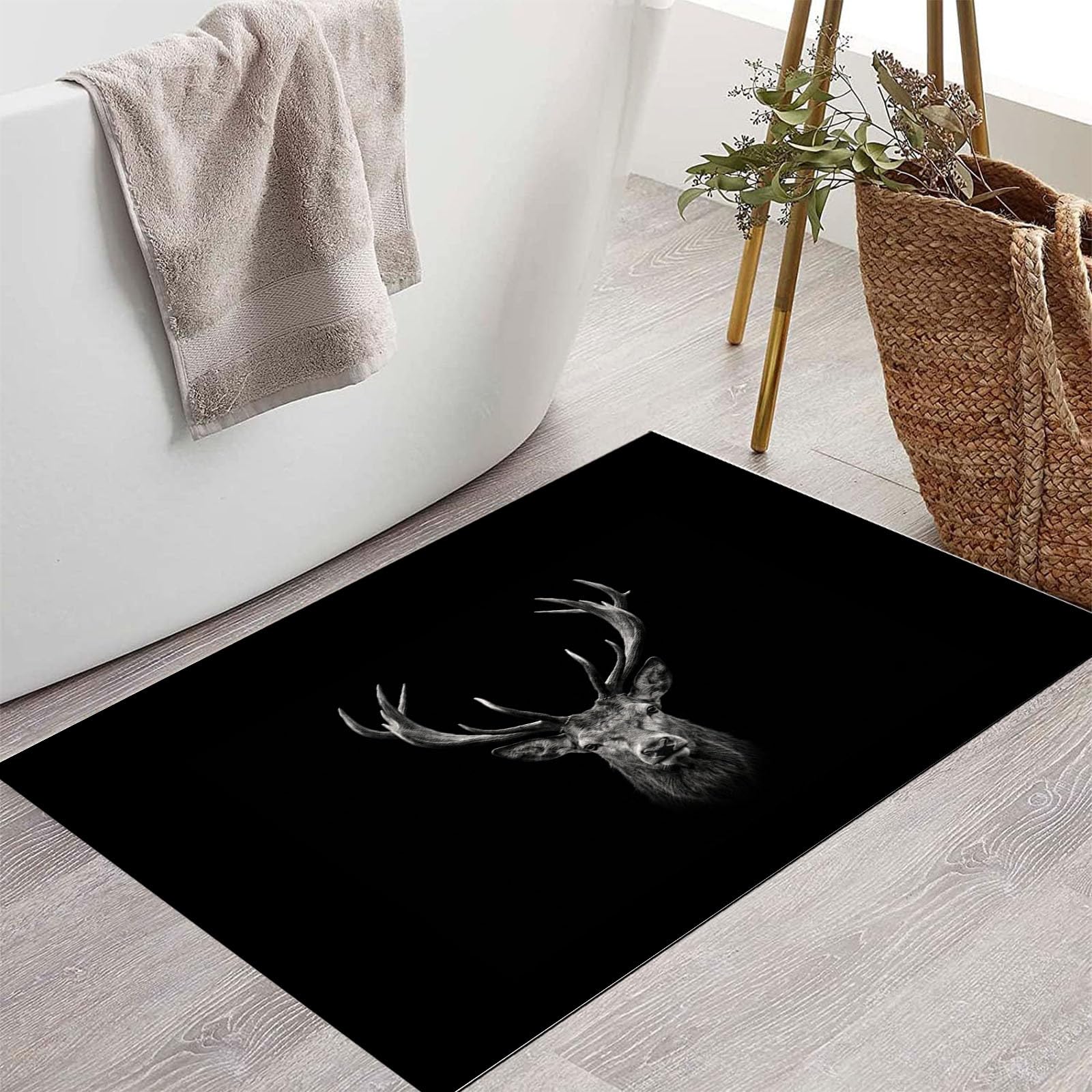 Zerbino Ingresso Interno Semplice Renna Bianca E Nera, Zerbino Di Benvenuto Lavabile Morbida Animali Eleganti, Antiscivolo Tappeto Da Decorazioni Grigio Antracite Per Casa Porta, 90X150Cm