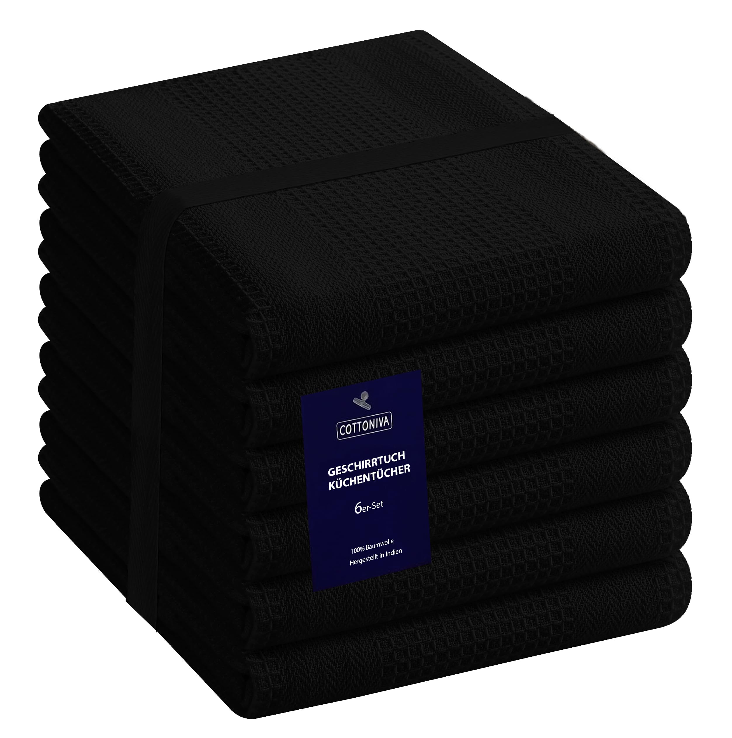 COTTONIVA Paños de Cocina Juego de 6 - Premium paños de Cocina Trapos de Cocina Algodon Paños de Cocina 100% Algodon - paños de Cocina Muy absorbentes paños Secos - 40 x 70 cm Negro