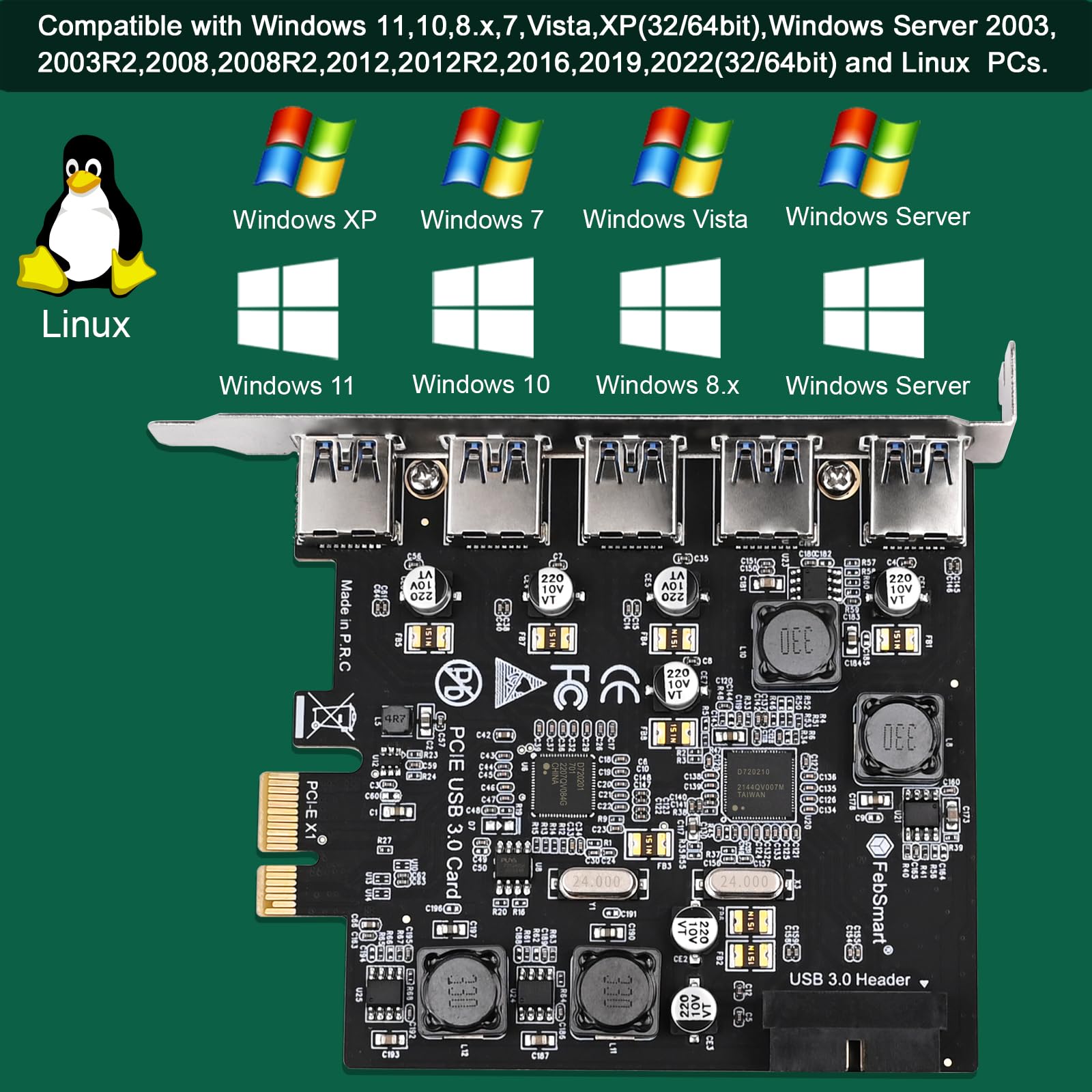 FebSmart 7-Ports Superspeed 5Gbps PCIE USB 3.0 Expansion Card For Windows 11 10 8 X 7 Vista Xp Desktop Pcs Built In Febsmart Self Powered Technology No Need Additional Power Supply Fs U7 Pro - View #6