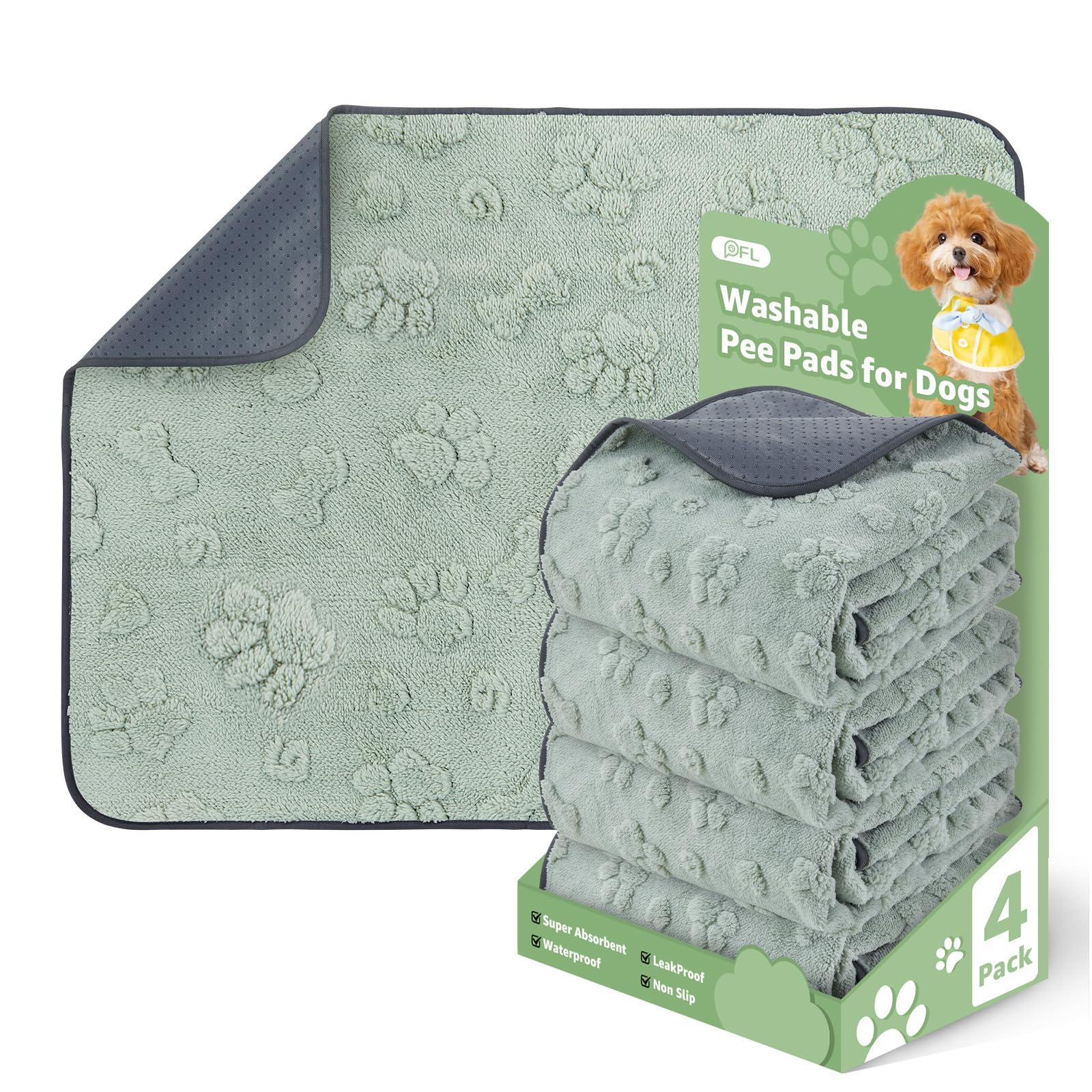 PICK FOR LIFE Reusable Dog Training Pads, 4 Pack Washable Puppy Pads, Super Absorbent Waterproof Dog Mat Pee Pads, Fast Drying Training Pads for Home, Car, Travel - 46 x 61 cm