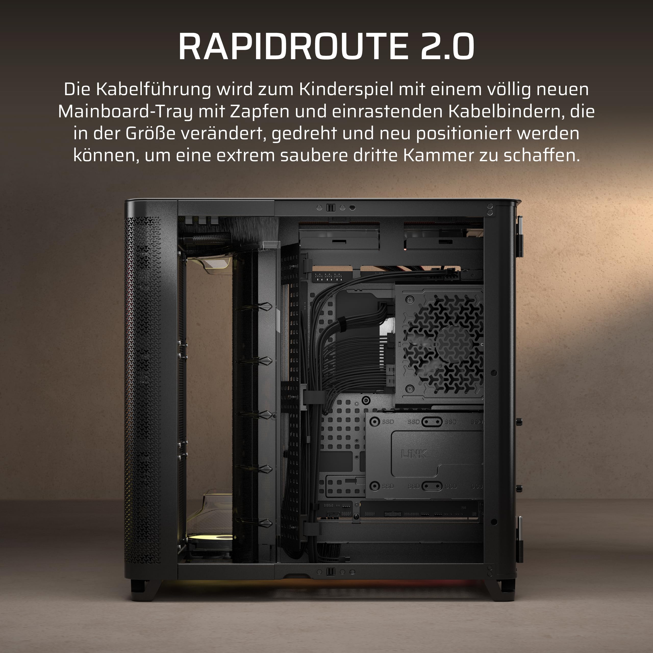 CORSAIR AIR 5400 RS-R ARGB Dreifach-Kammer-Mid-Tower PC-Gehäuse – Schwarz | 3x Vorinstallierte Reverse-Rotor RS120-R ARGB-Lüfter, Luftkanäle für Starke Kühlung, Reverse Motherboard-Unterstützung