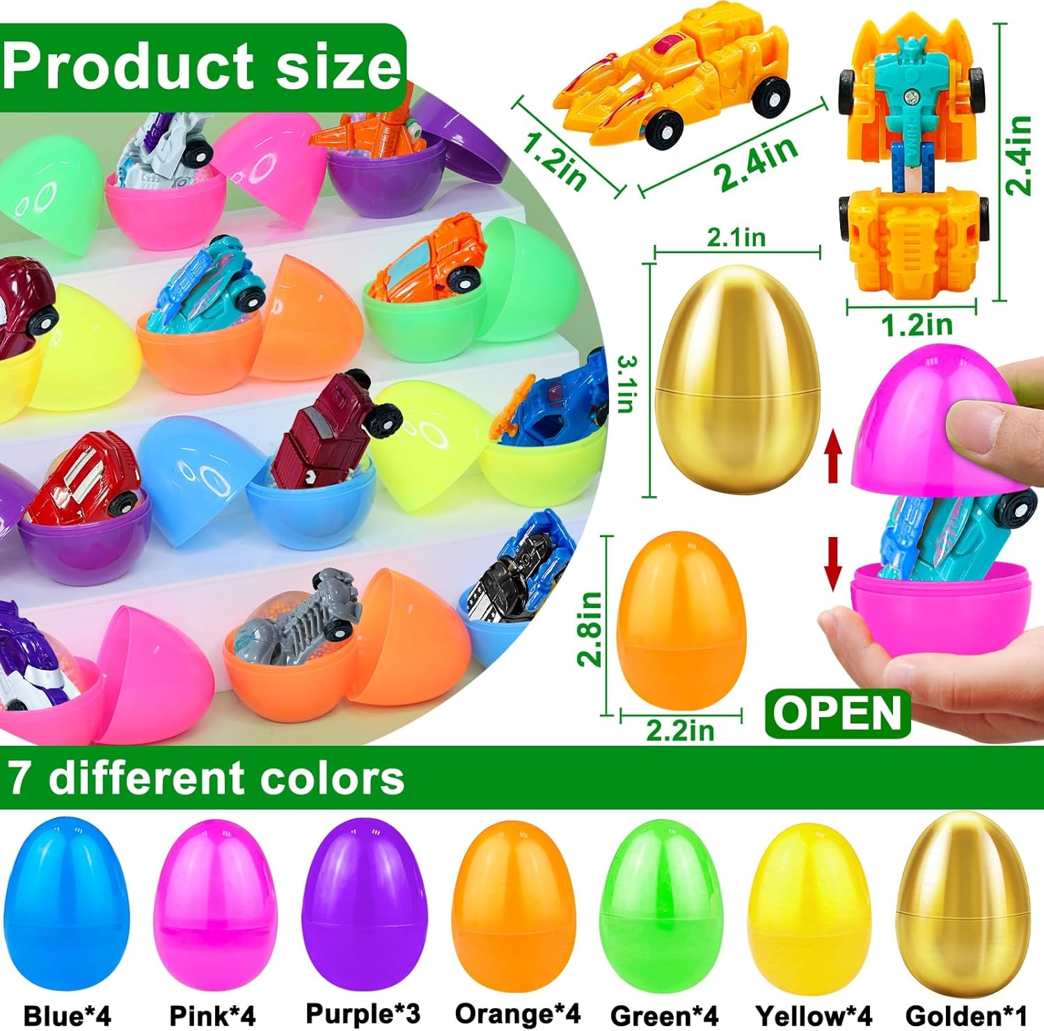 [1 Gold Egg] 24 Pack Prefilled Easter Egg Filled with Transform Car Robot Toys, 24 Eggs + 24 Car Robot Toys for Kids, Easter Basket Stuffers Classroom Exchange for Boys 24 Vehicle Party Favor Egg Hunt