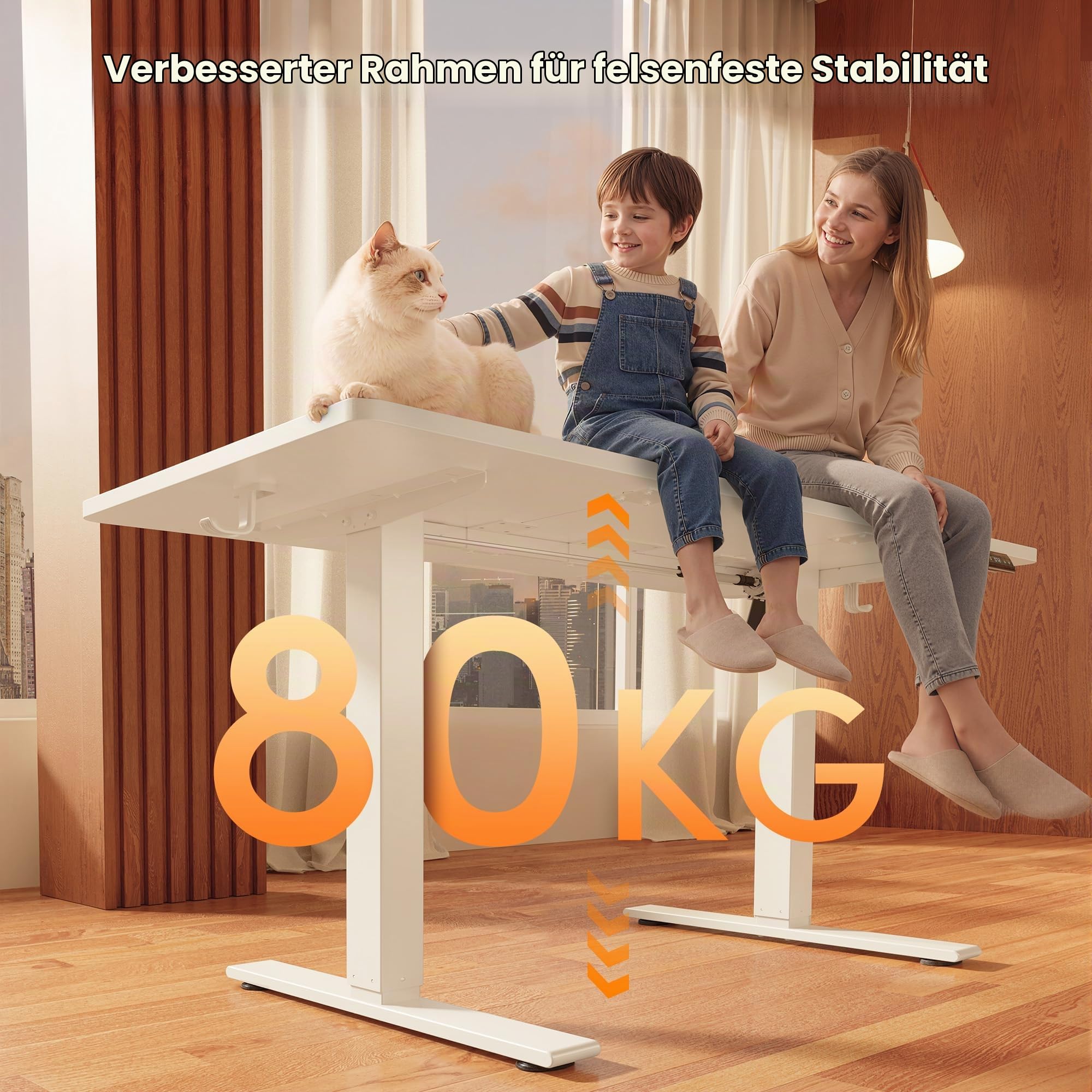 FEZIBO Höhenverstellbarer Schreibtisch mit USB-A und USB-C Ladeanschluss, 140 x 70 cm Schreibtisch Höhenverstellbar Elektrisch, Steh-Sitz Tisch, Standing Desk, Weiß