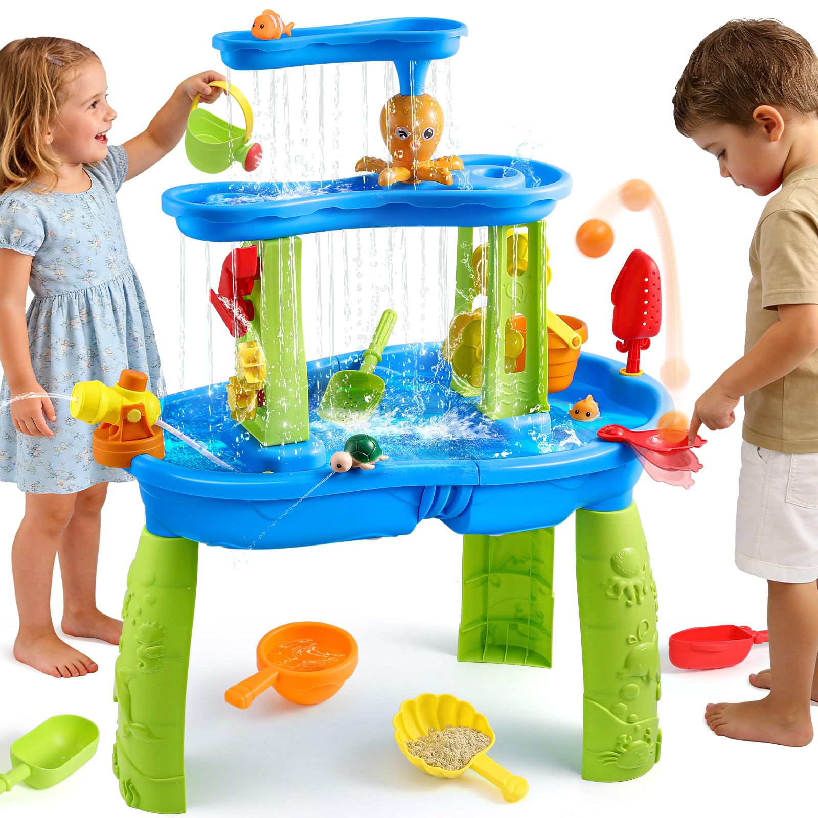 FRUSE Water Table for Kids 3-5,3-Tier Splashing Water Table Toys with Accessories,Activity Sensory Play Table for Backyard Beach Grass,Summer Outdoor Toy for Boys Girls Age 3 4 5 6 7 8