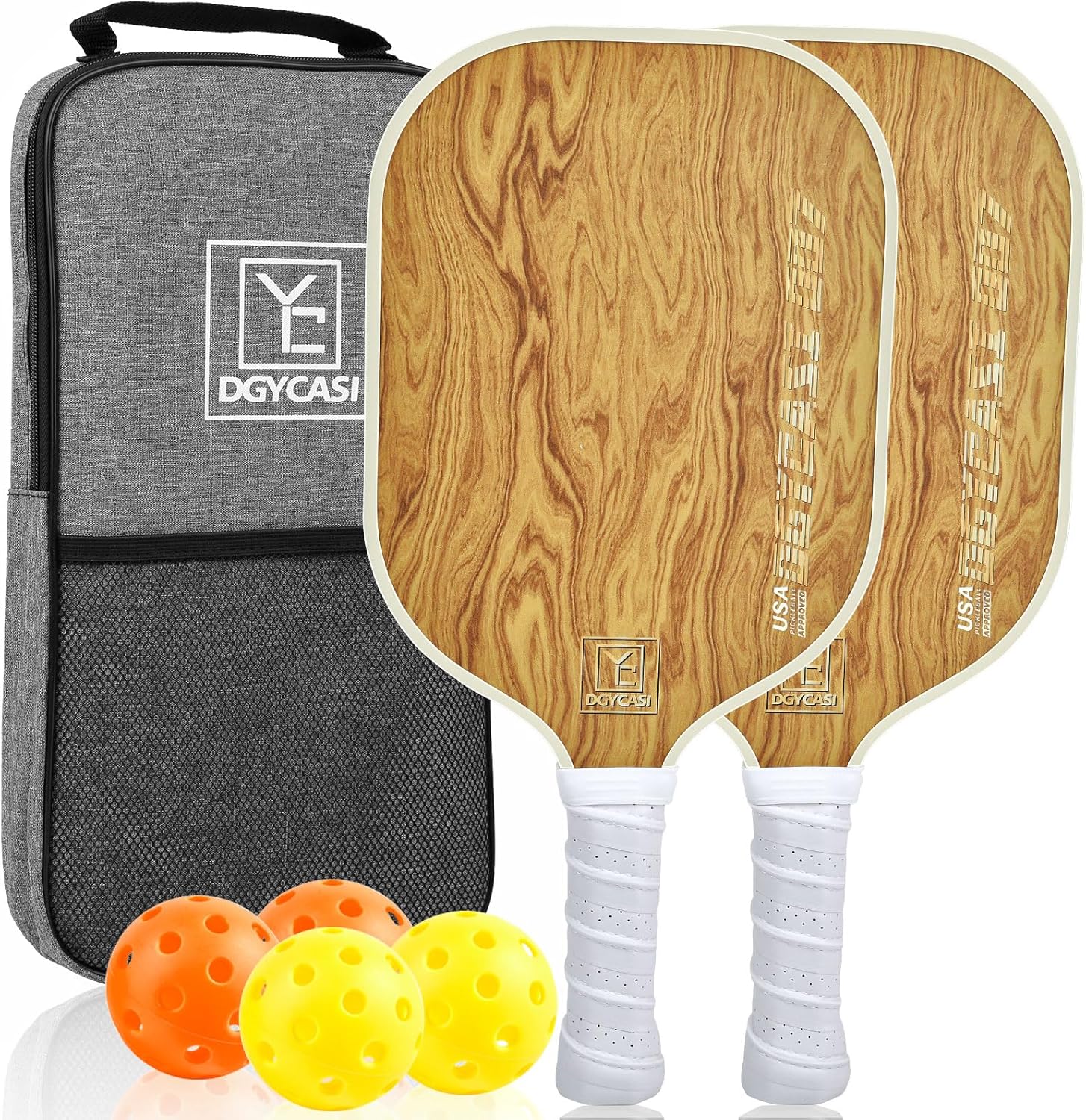 Pickleball Paddles Set of 2, 2025 USAPA Approved Pickleball Set, Fiberglass Lightweight Pickle Ball Rackets 2 Pack, 2 Outdoor Pickleball, 2 Indoor Pickleball Balls, 1 Pickleball Bag for Women and Men Wood Grain