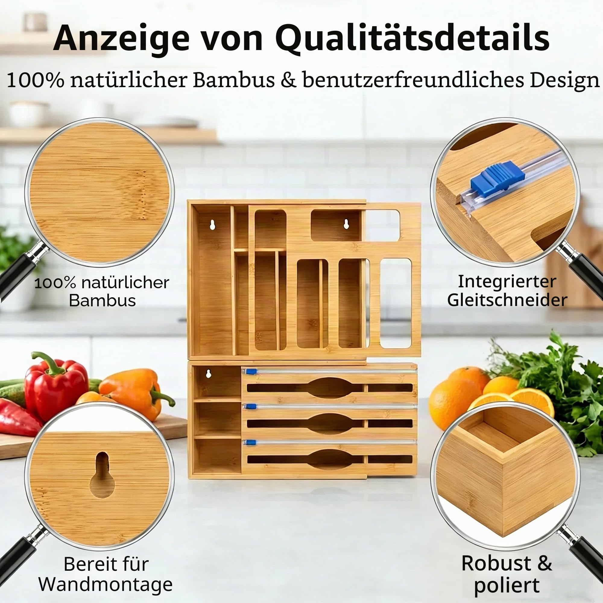 Bambus-Folien- und Frischhaltefolien-Organizer mit Schneider, Ziplock-Beutel-Organizer mit Schneider für Küchenschublade, Spender kompatibel mit Gallonen-, Quart-, Sandwich-, Snack-Beuteln in