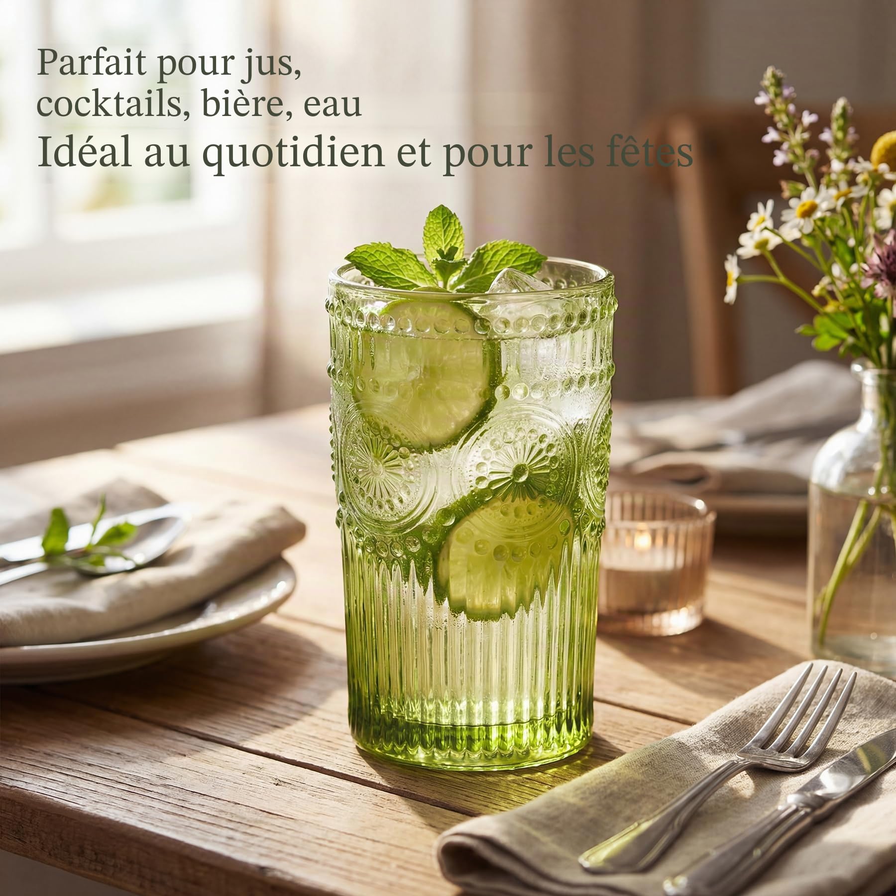 Kingrol Lot de 6 verres à eau vintage de 350 ml en relief romantique pour jus, boissons, bière, cocktails (vert)