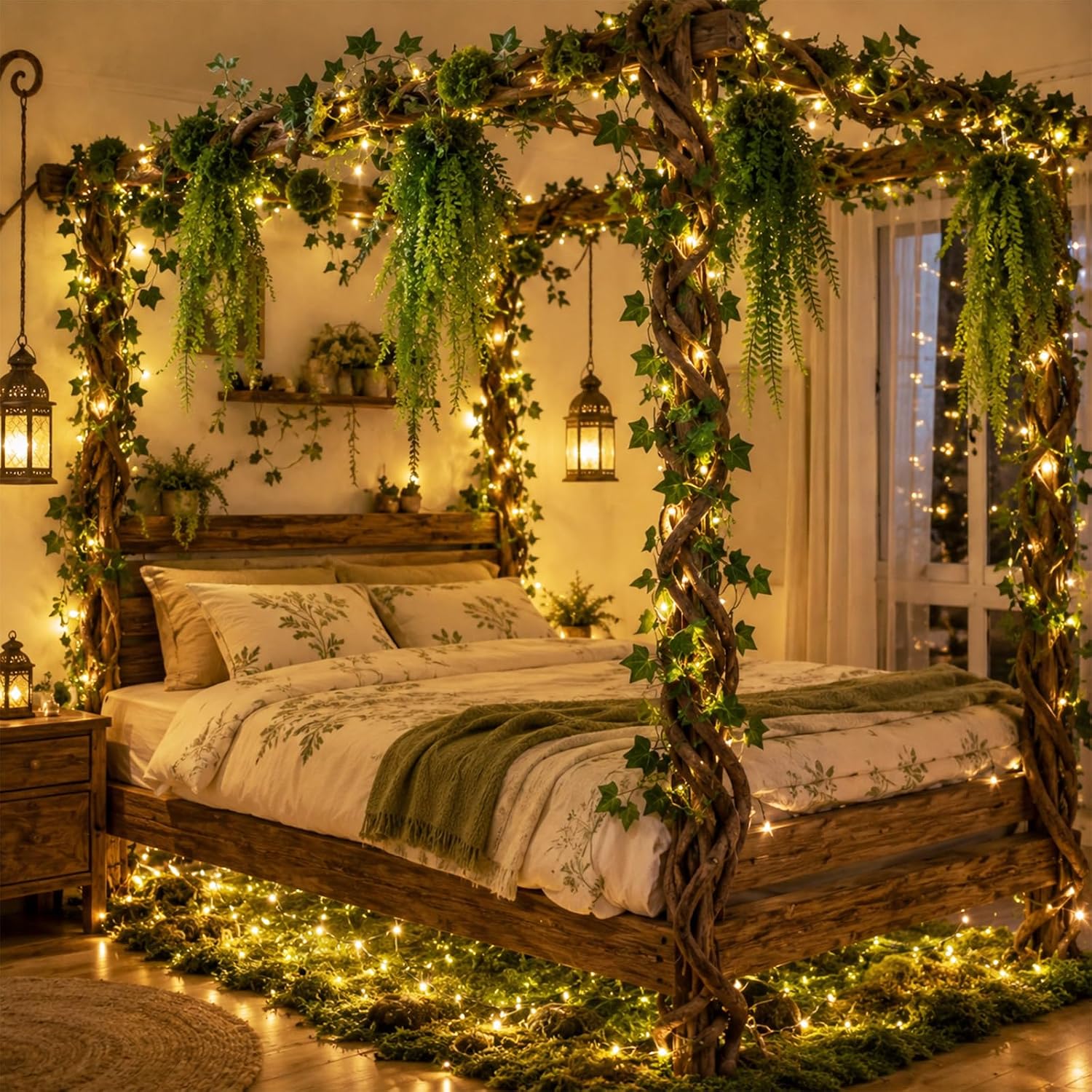 2 Pcs 10ft Large Bendable Artificial Tree Branches with Fake Leaves Moss Enchanted Forest Decorations DIY Jungle Climber Vines Jungle Party Decor for Garden Landscape Reptile Habitat Decor
