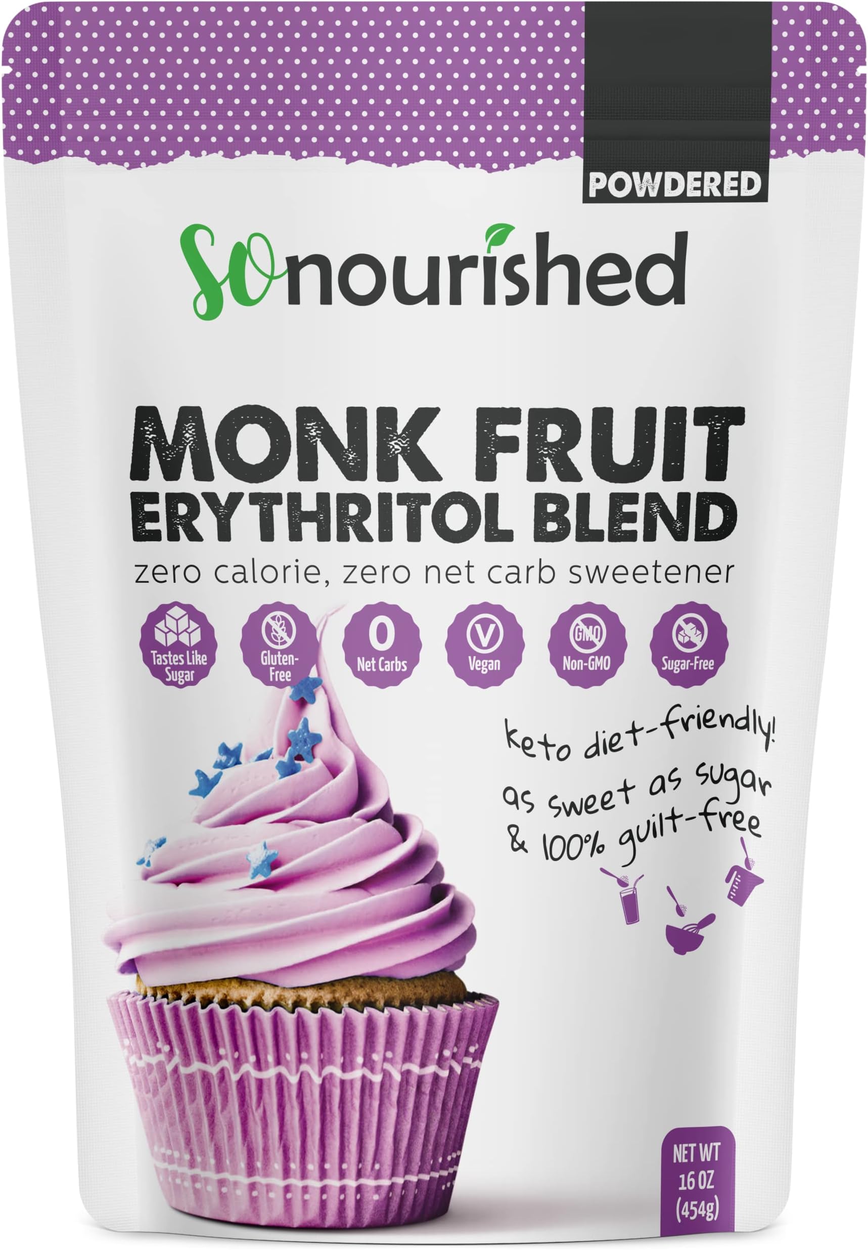 - So Nourished Powdered Monk Fruit Sweetener with Erythritol, 1:1 Sugar Substitute, Keto, 0 Calorie, 0 Net Carb, Non-GMO (1 Pound)
