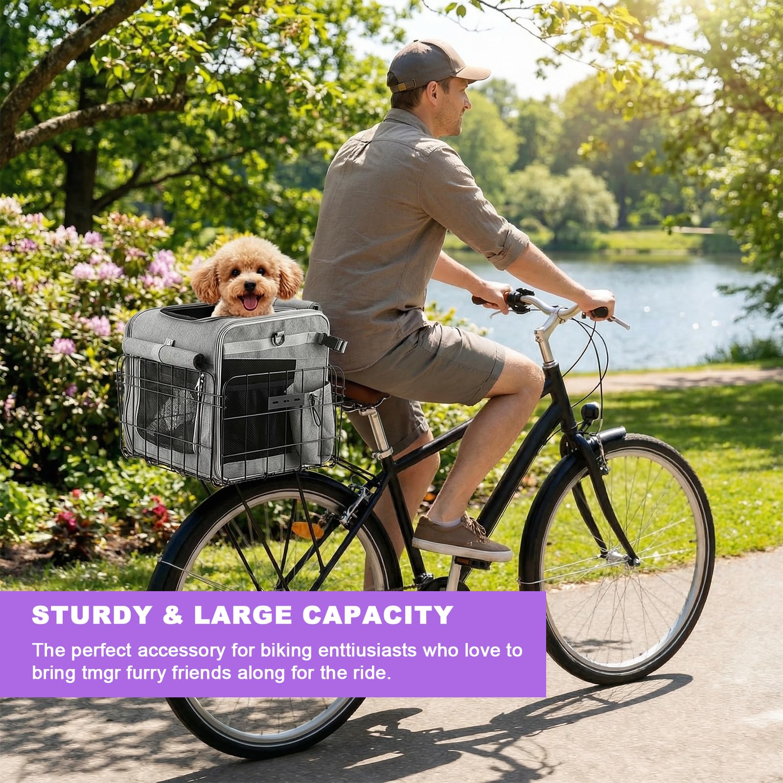 Eiito Panier de vélo pliable pour chien avec laisse de sécurité et insert rembourré, porte-animaux de compagnie pour chiens et chats de petite et moyenne taille jusqu'à 10 kg, panier de vélo arrière