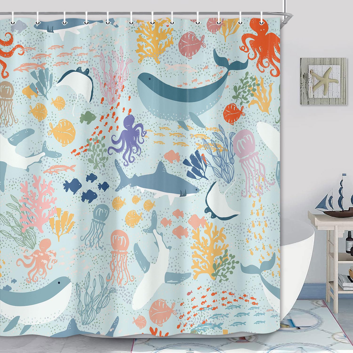 Shark Shower Curtain, Blue Boho Ocean Fish Abstract Underwater Animal Cartoon Bathroom Curtain With Colorful Fabric for Kids Bathtub Decor (36X70IN)